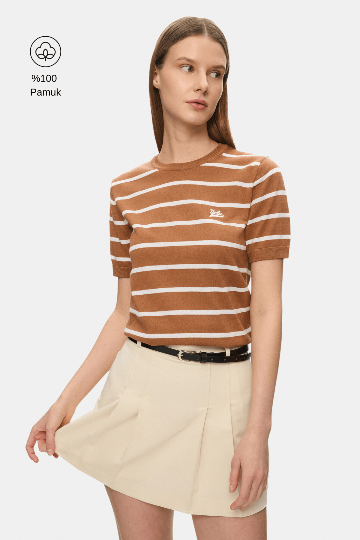 UCLA MISHA Kahve Çizgili Bisiklet Yaka Triko Nakışlı %100 Pamuk Standard Fit Kadın Tshirt