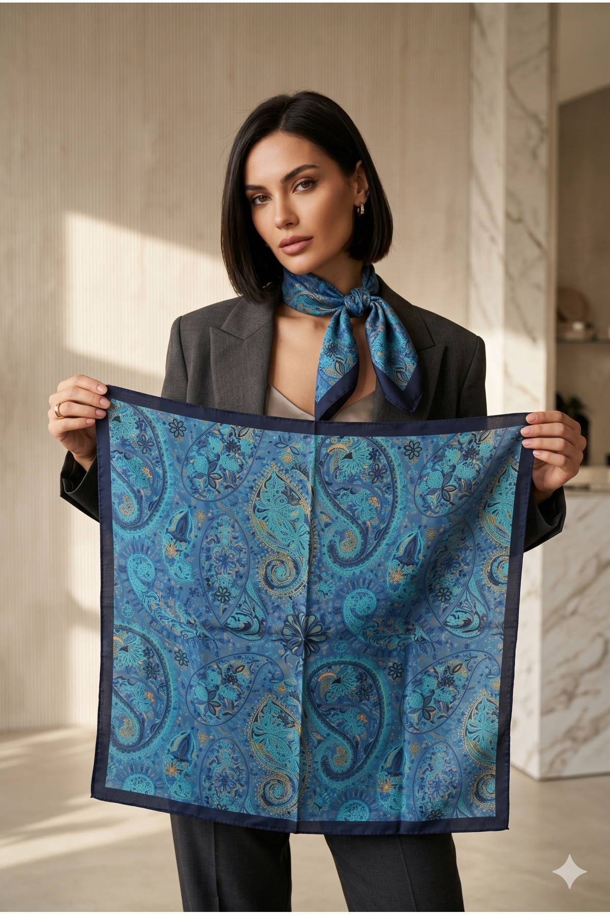 Luminos Butik Kadın Desenli Saten Boyun Fuları Bandana 70x70 Mavi Lacivert FLR2007