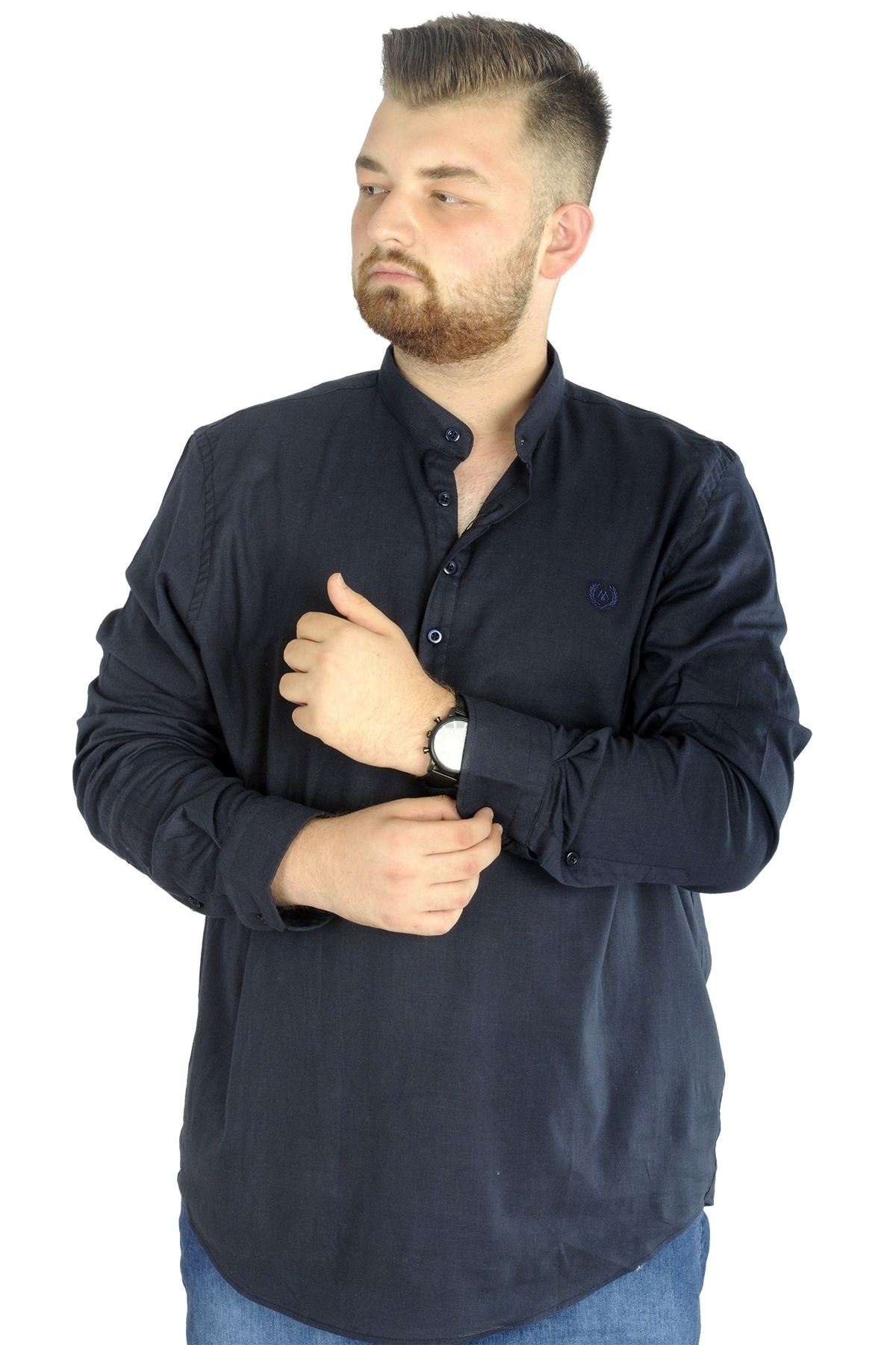 ModeXL Mode Xl Büyük Beden Erkek Keten Likralı Ukol Hakim Yaka Gömlek 20388 Lacivert