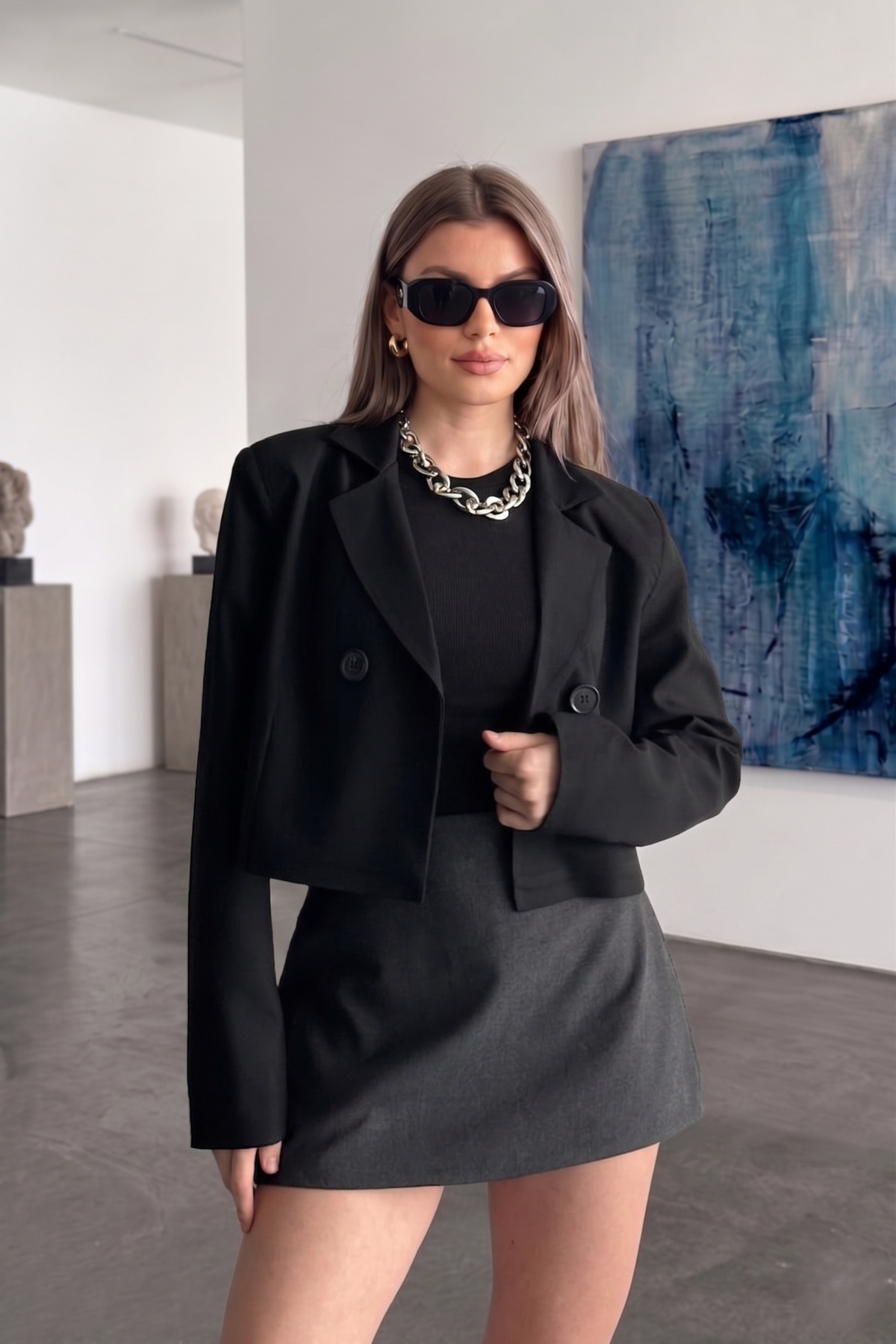 Jaglion  New Season Çift Düğme Detaylı Kadın Crop Blazer Ceket - Görsel 7