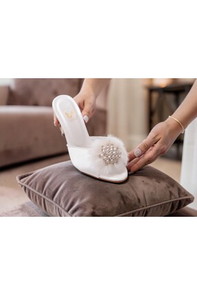 HAUKS SHOES Çeyiz-Nişan-Kına-Düğün Açık Terlik Abiye Taşlı Tokalı Tüylü Bantlı