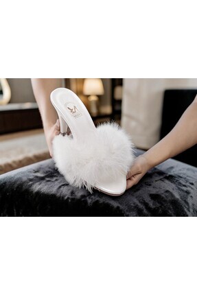 HAUKS SHOES Çeyiz-Nişan-Kına-Düğün Açık Terlik Abiye Taşlı Tokalı Tüylü Bantlı