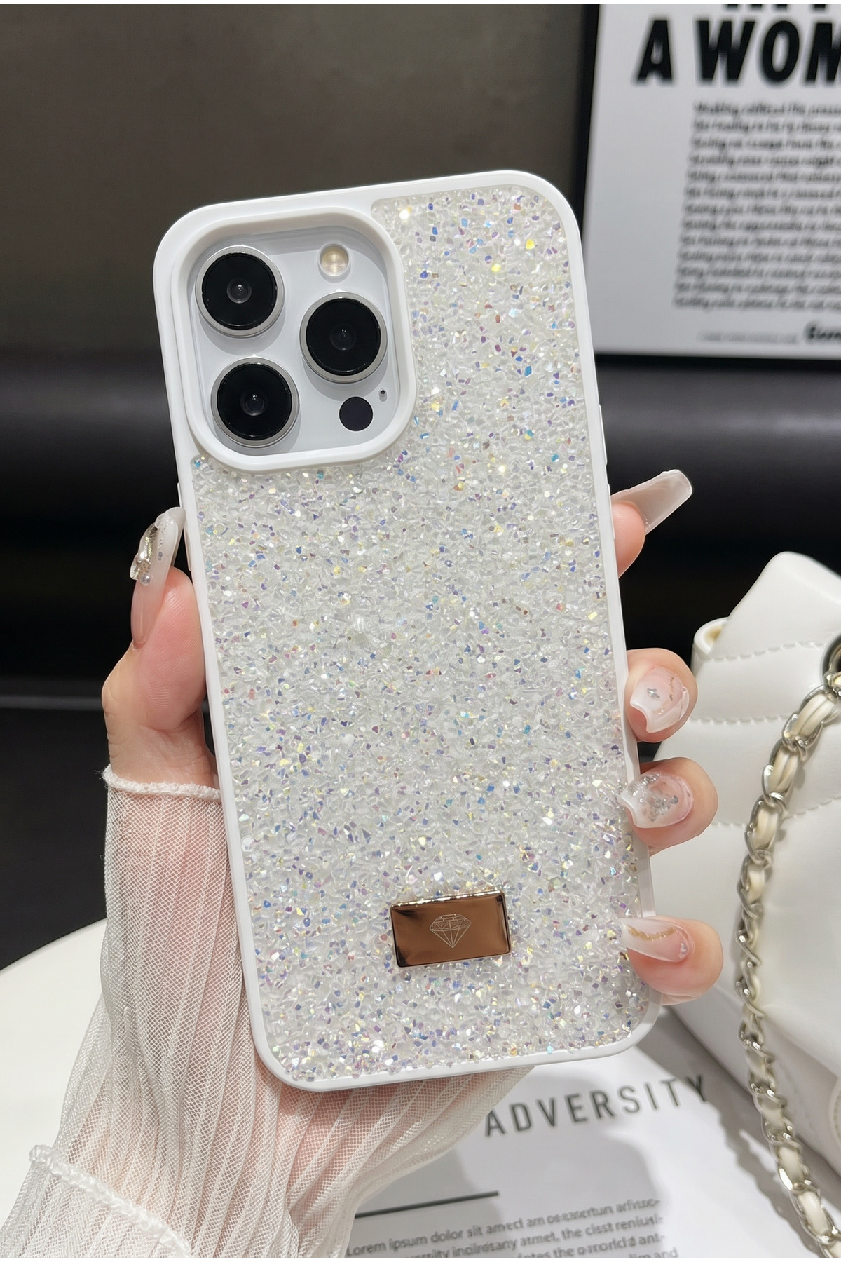 iPhone 15 Pro Max Compatible – Luminous Silicone Case Shockproof Cover with White Gemstone