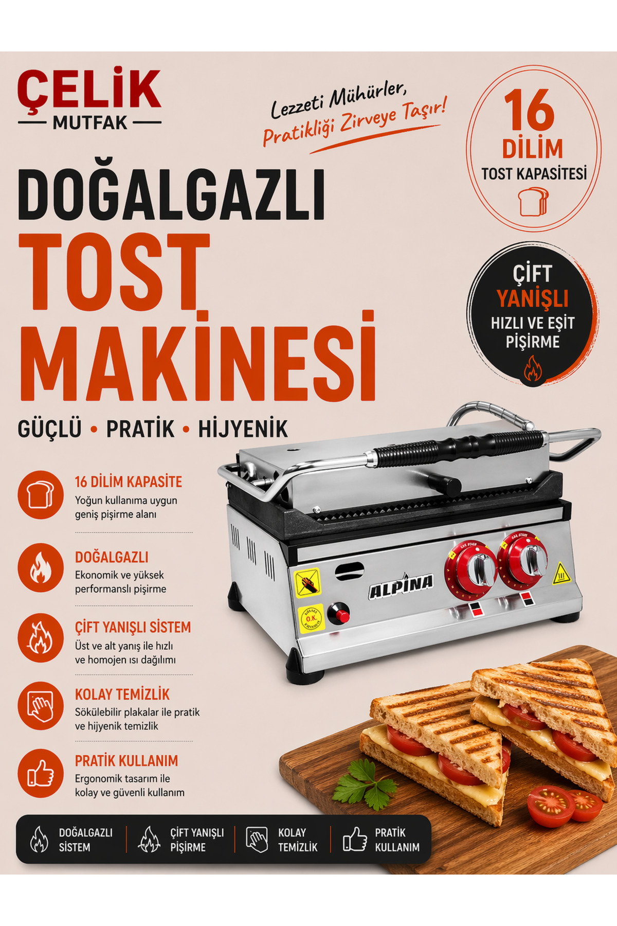 ALPİNA MUTFAK Alpina 16 Dilim (16lık) Doğalgazlı Tost Makinesi Sanayi Tipi Çift Yanışlı CE Belgeli - Çelik Mutfak