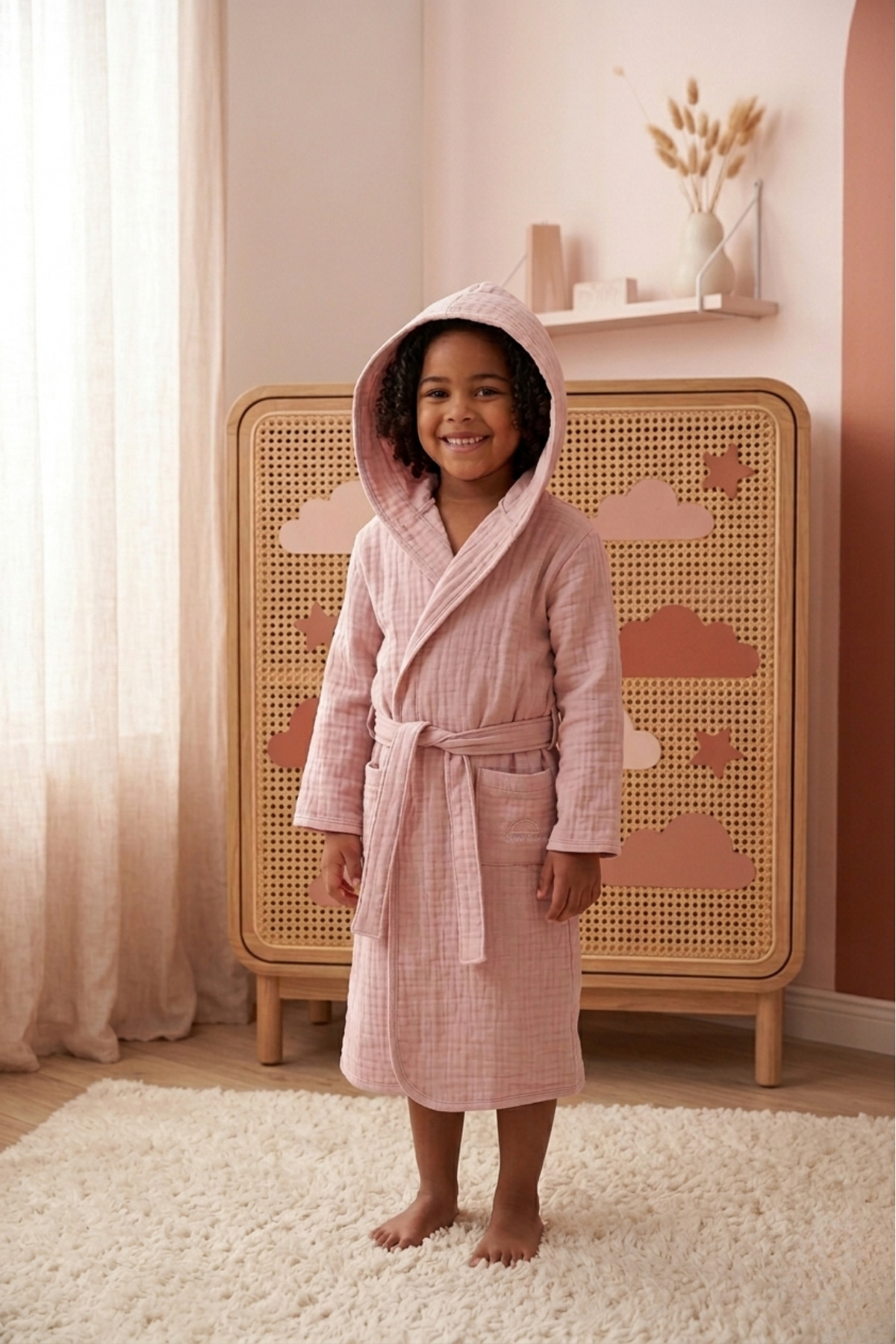 Cotton Hooded Kids Muslin Bathrobe Beach Pink