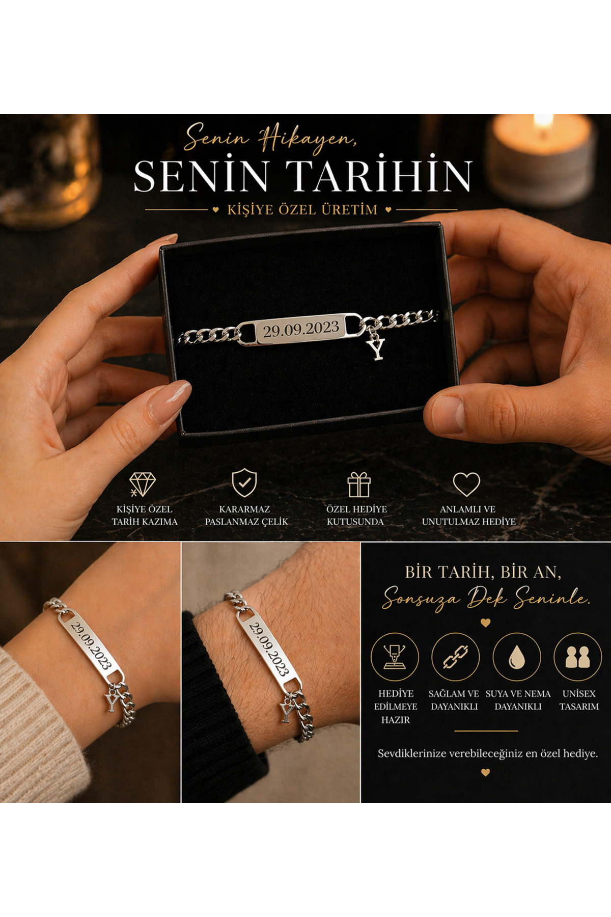 HayDün Kararmaz Çelik 1 Li Bileklik Unisex Sevgili Arkadaş Tarih Isim Yazılır