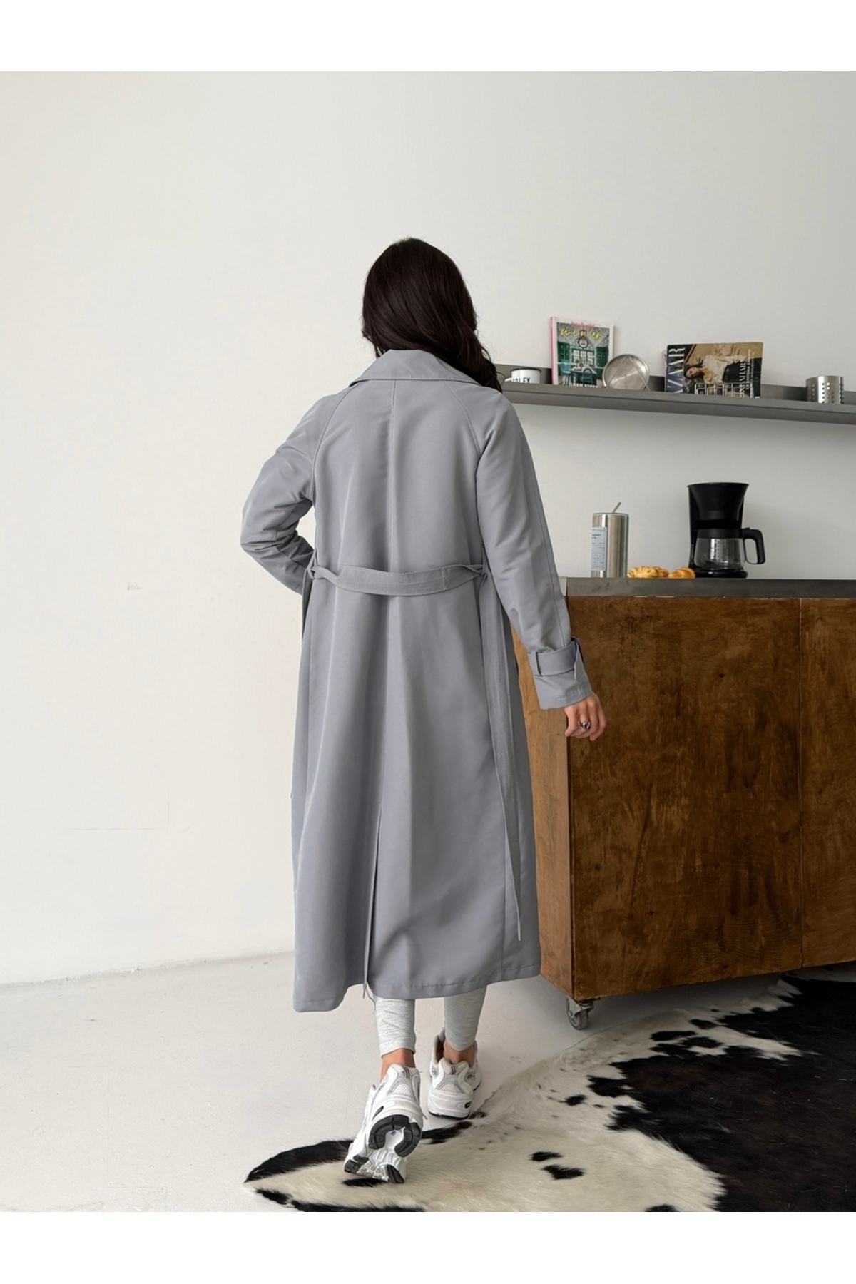 comstar Kadın Klasik Cepli Kuşaklı Trend Midi Gri Trençkot görsel 8