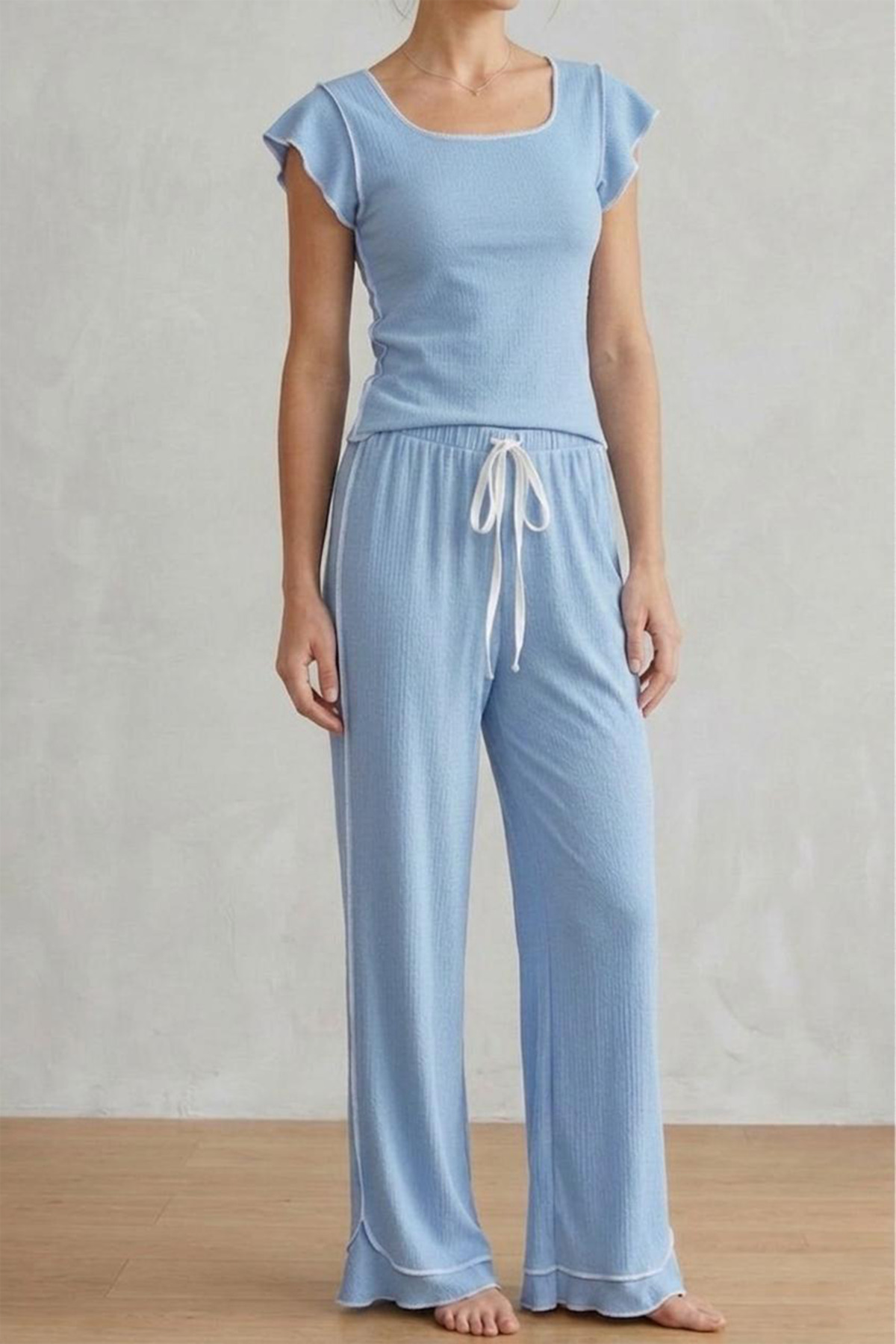 Frill Detailed Bristle Fabric Short Sleeve Pajamas Set 6022