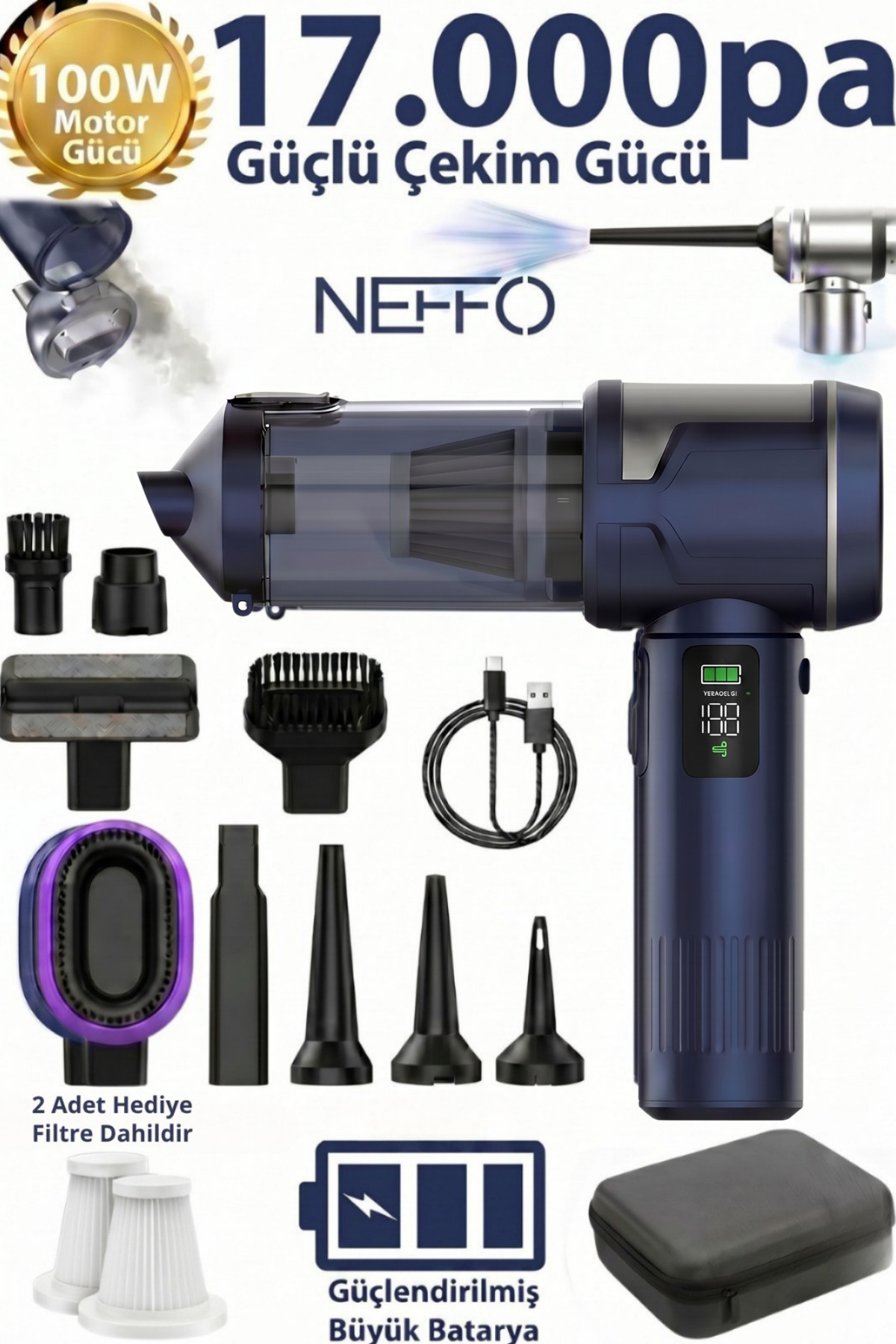 Neffo 17000pa 100w Kablosuz Arac Supurgesi 4 U 1 Arada Guclu Emis