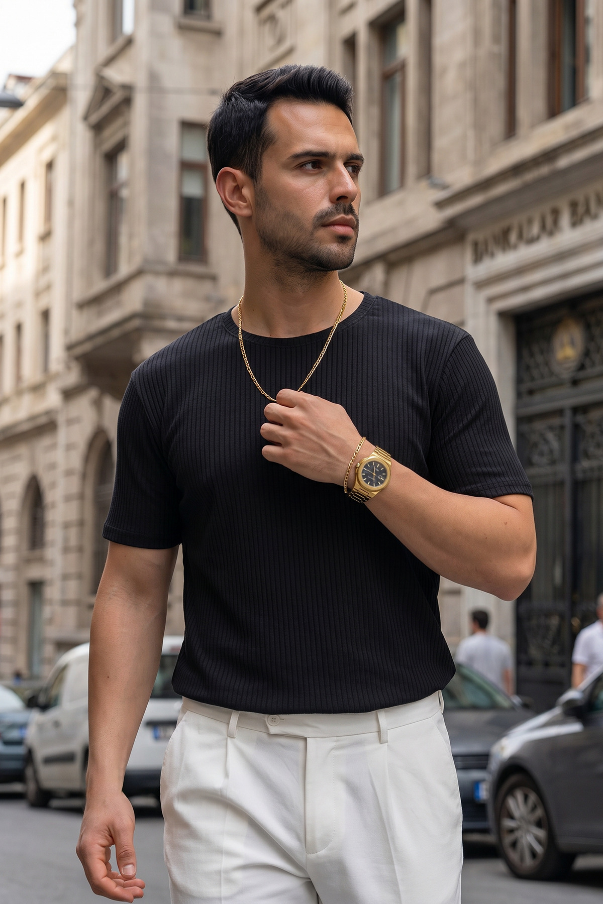 Teenage Millionaire Erkek Siyah Bisiklet Yaka Fitilli Örme Dik Çizgi Regular Kalıp Kısa Kol Tişört görsel 2