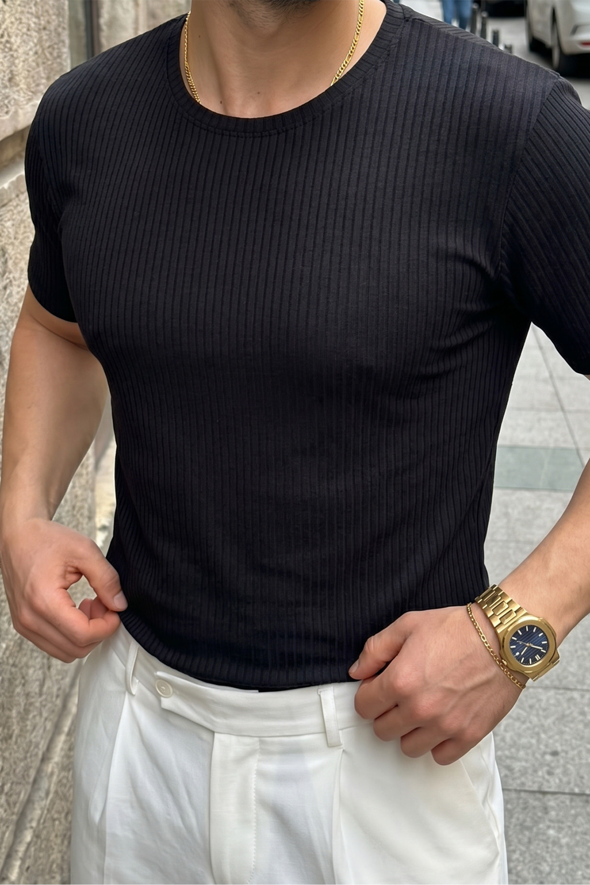 Teenage Millionaire Erkek Siyah Bisiklet Yaka Fitilli Örme Dik Çizgi Regular Kalıp Kısa Kol Tişört