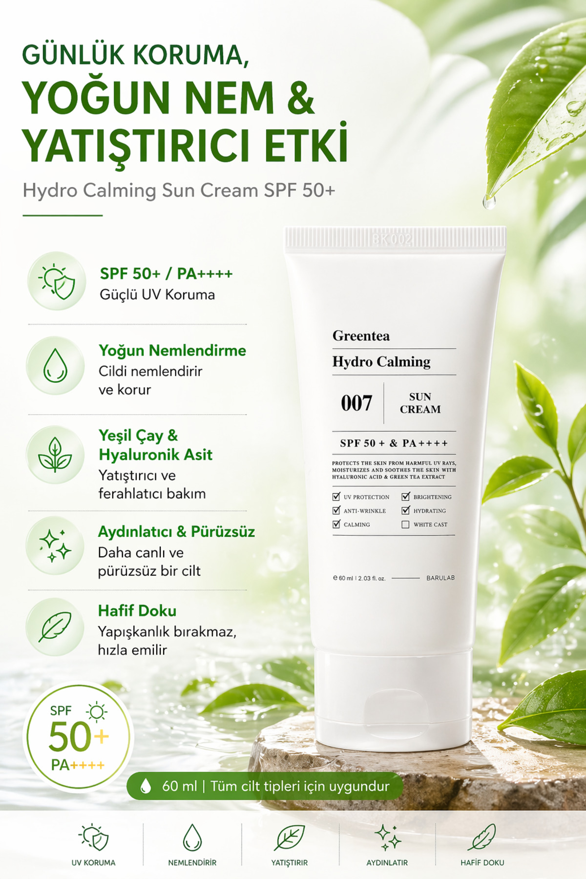 Barulab Greentea Hyrdo Calming Sun Cream - Yeşil Çaylı Kimyasal Filtreli Güneş Kremi 60ml - Fiyatı, Yorumları