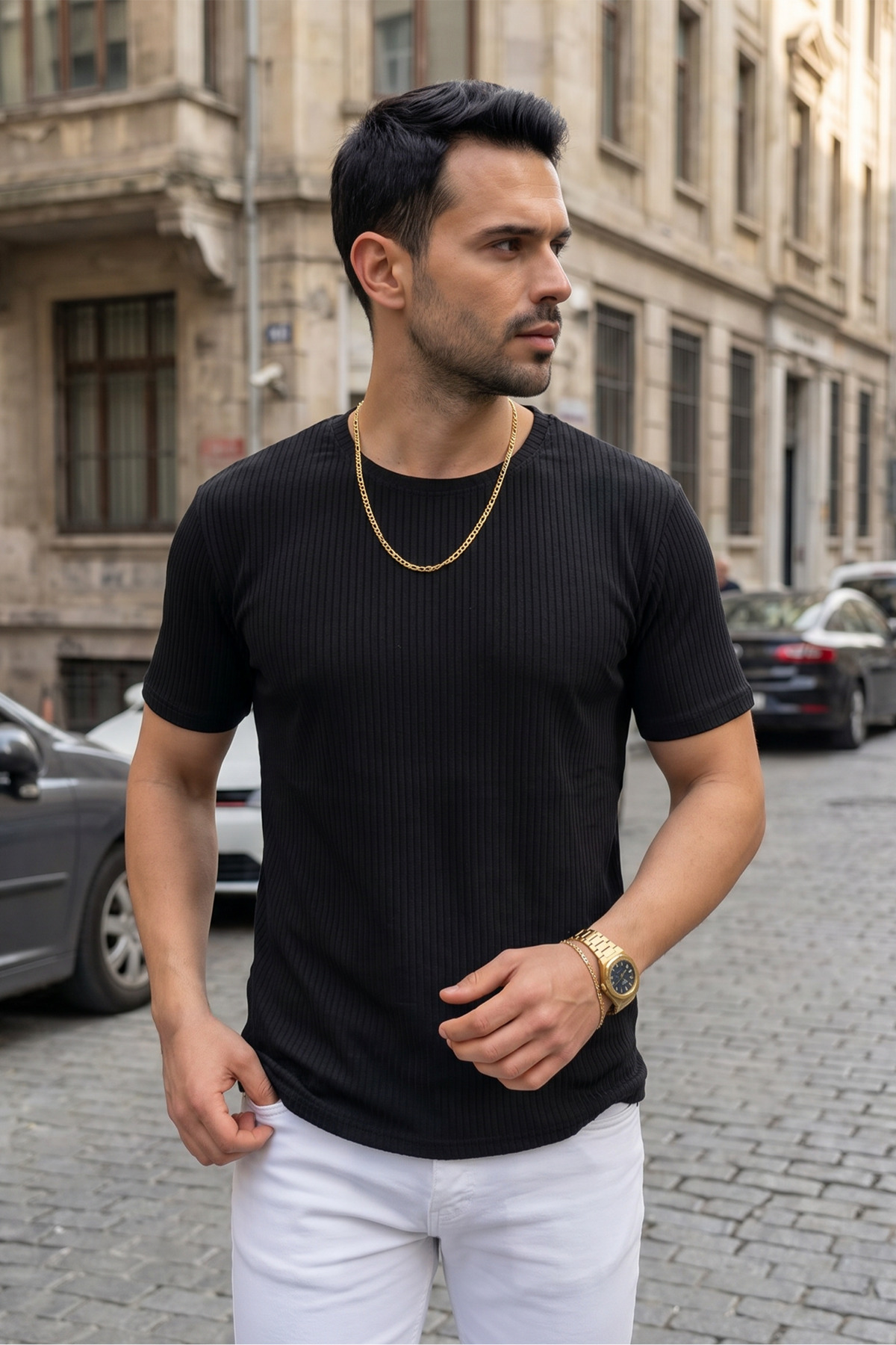 Teenage Millionaire Erkek Siyah Bisiklet Yaka Fitilli Örme Dik Çizgi Regular Kalıp Kısa Kol Tişört görsel 5