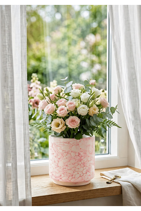 HOMİNG Elora Dekoratif Pembe Renkli Desenli Seramik Saksı 13 cm