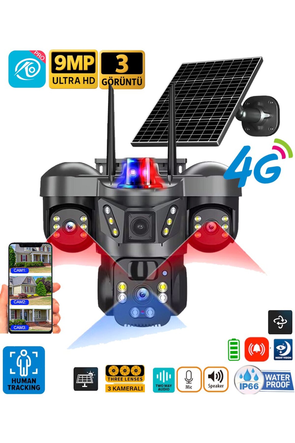 8050 9MP Lens 3 Camera UltraHD 4G Solar Smart Security Camera