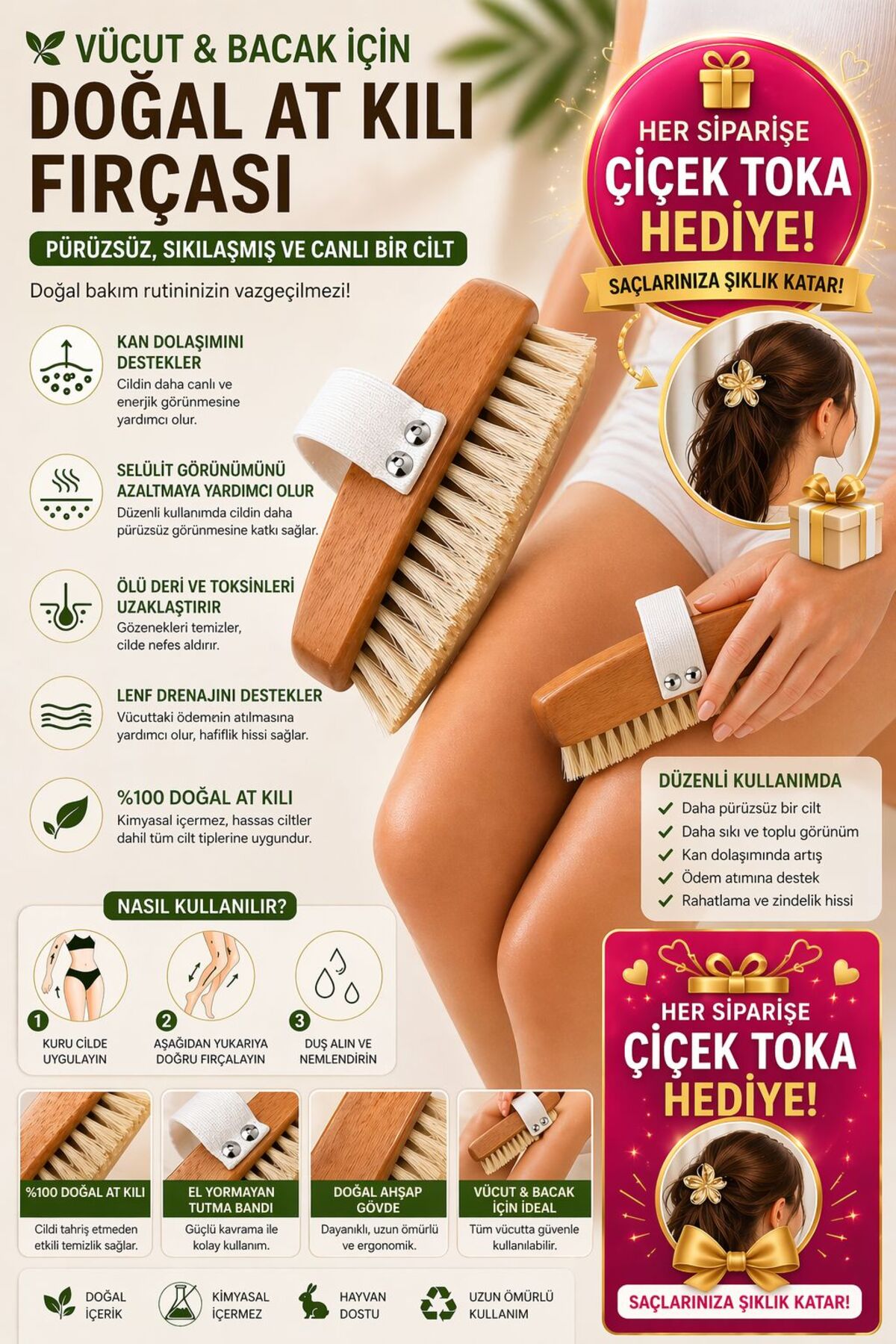 Much and More Selülit Karşıtı %100 Doğal At Kılı Fırçası (Çiçek Toka Hediye) — MCHMR0011