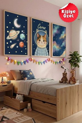 varje 3’lü Kişiye Özel Uzay Temalı Çocuk Odası Tablo Seti, Kedi Astronot & Ge...