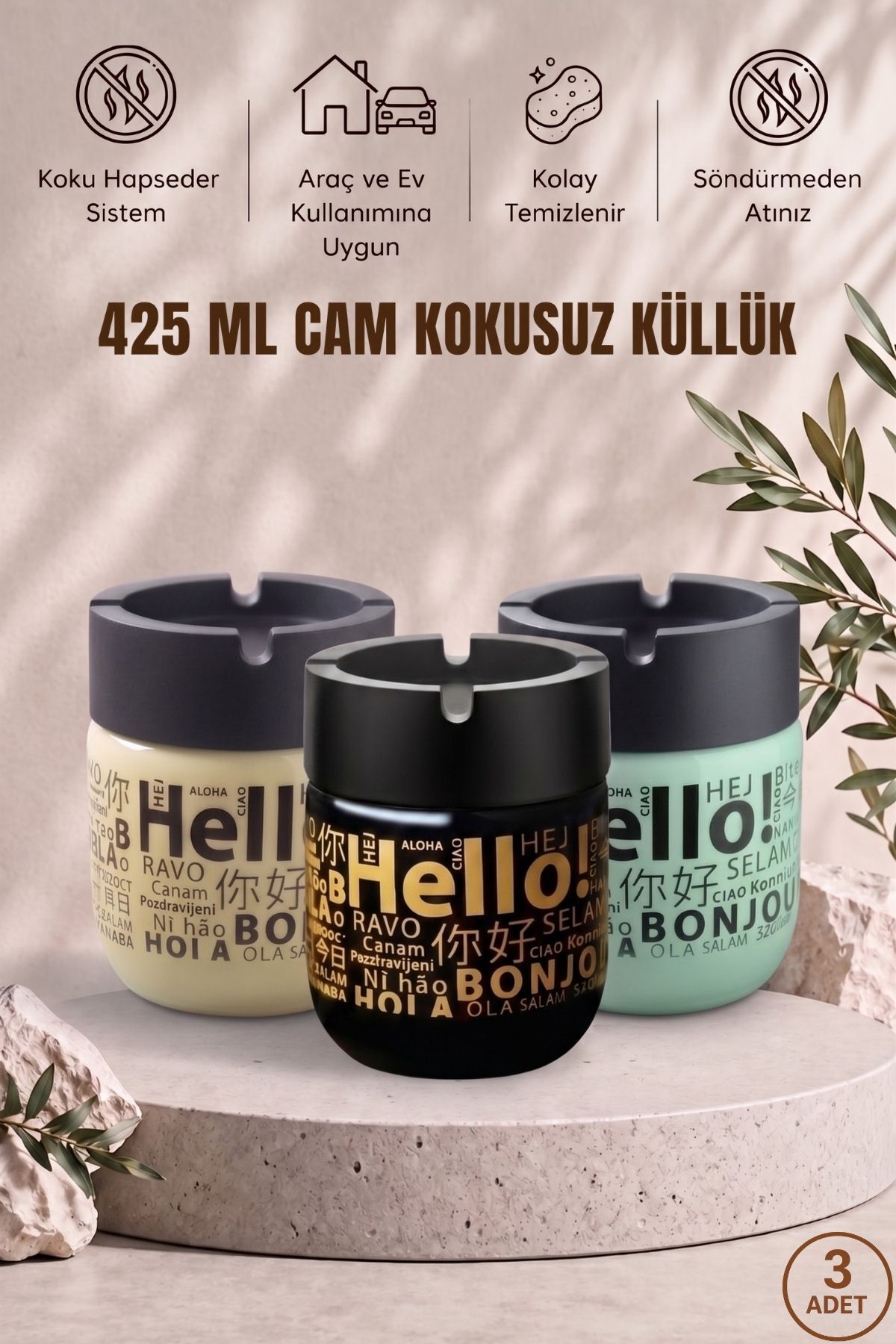 Hello Printed 3 Pieces Glass Unscented Ashtray | Smokeless | Decorative Glass Ashtray with Anti-Wind Cover | 425 ML | Mix