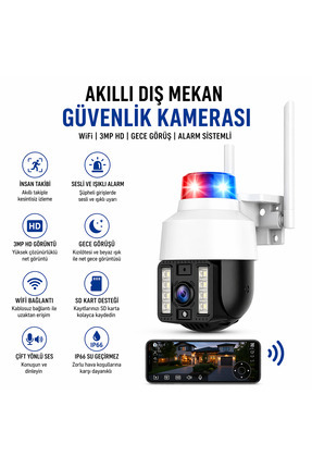 Teknomila Gece Görüşlü Led Işıklı 360° Dönebilen Alarmlı Ip Wifi Dış Ortam Gü...
