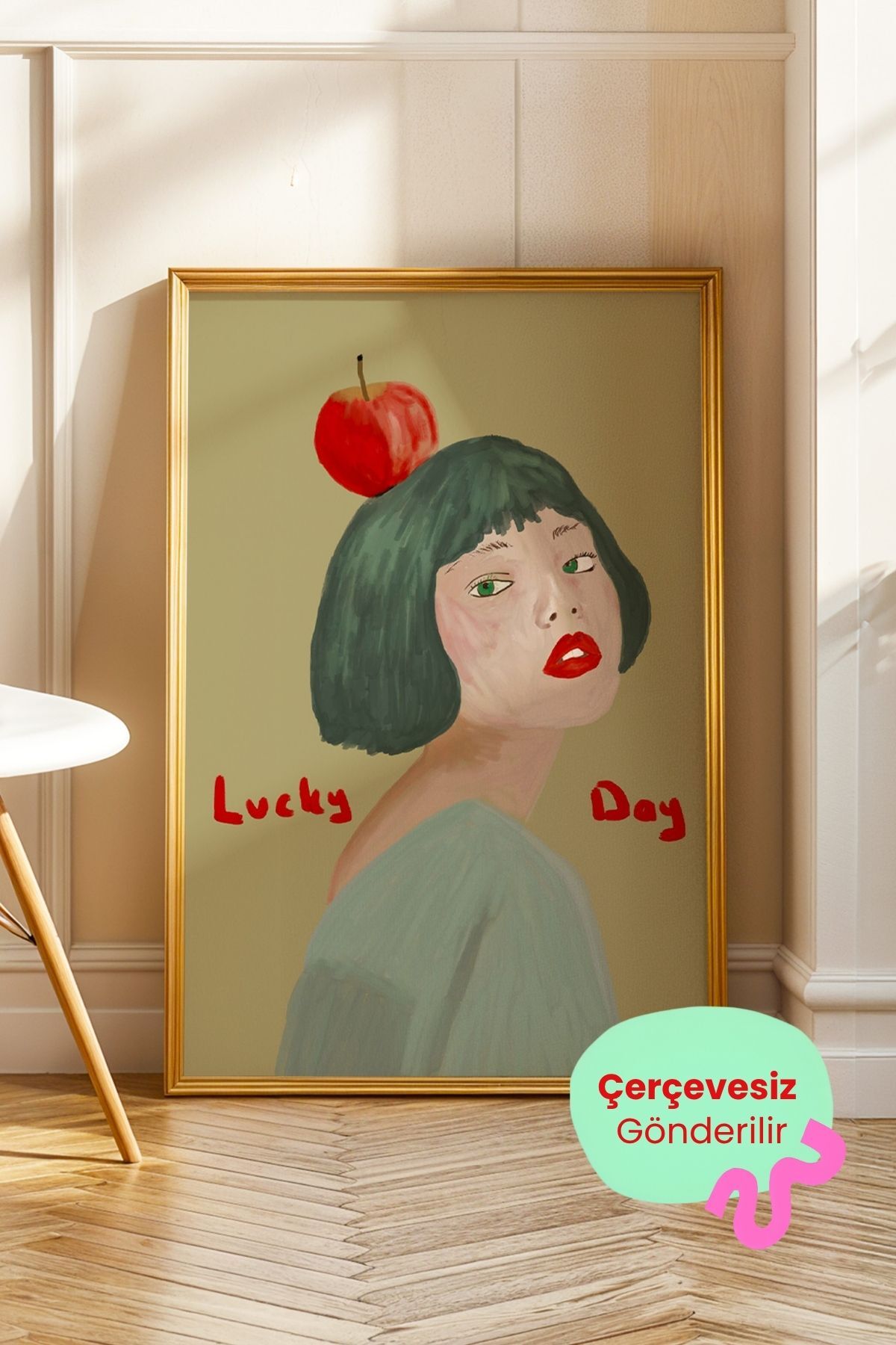 Kadın Figürlü Modern Tablo Lucky Day Yazılı Poster Duvar Dekoru Çerçevesiz