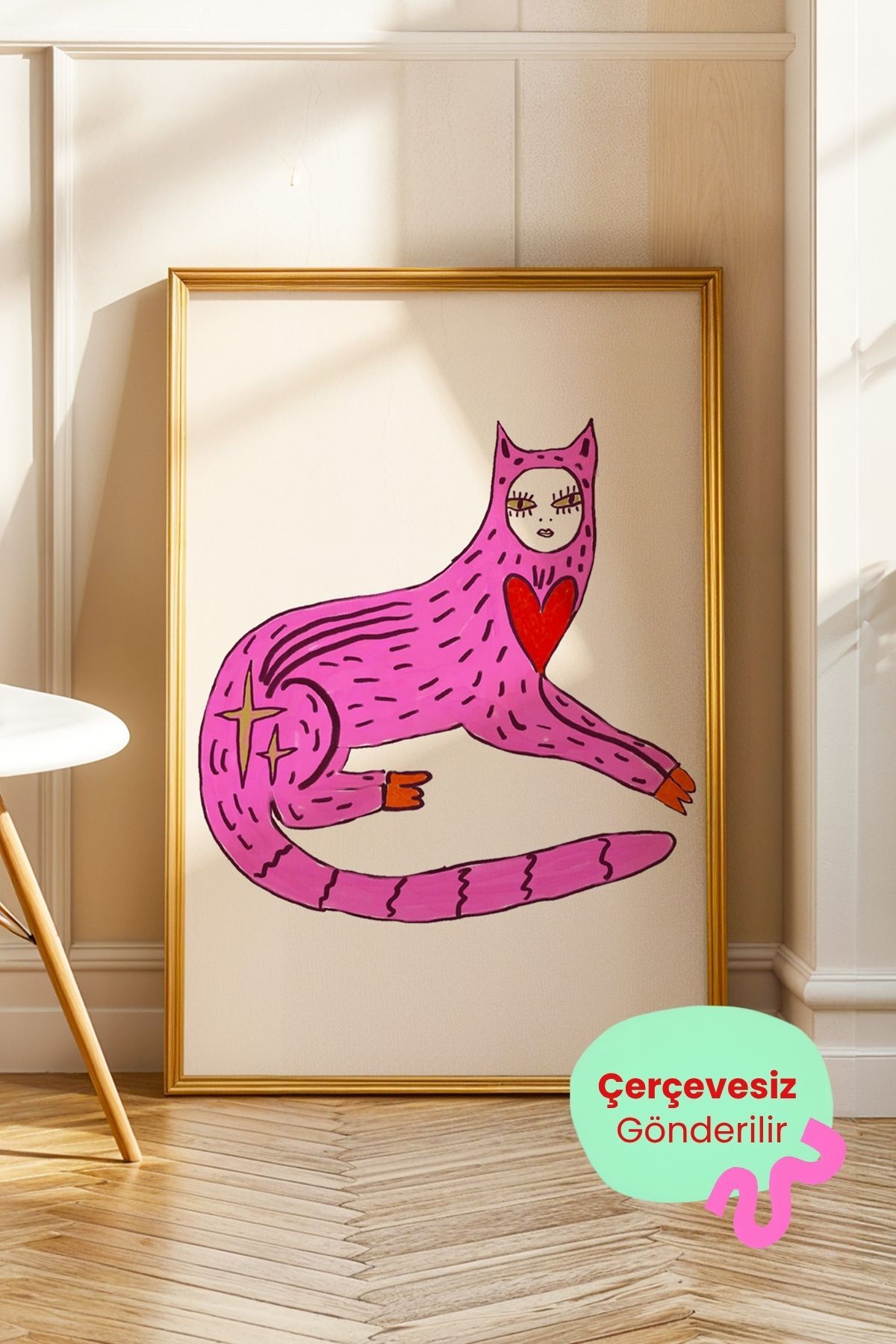 Pembe Kedi Modern Tablo Sanatsal Poster Duvar Dekoru Çerçevesiz