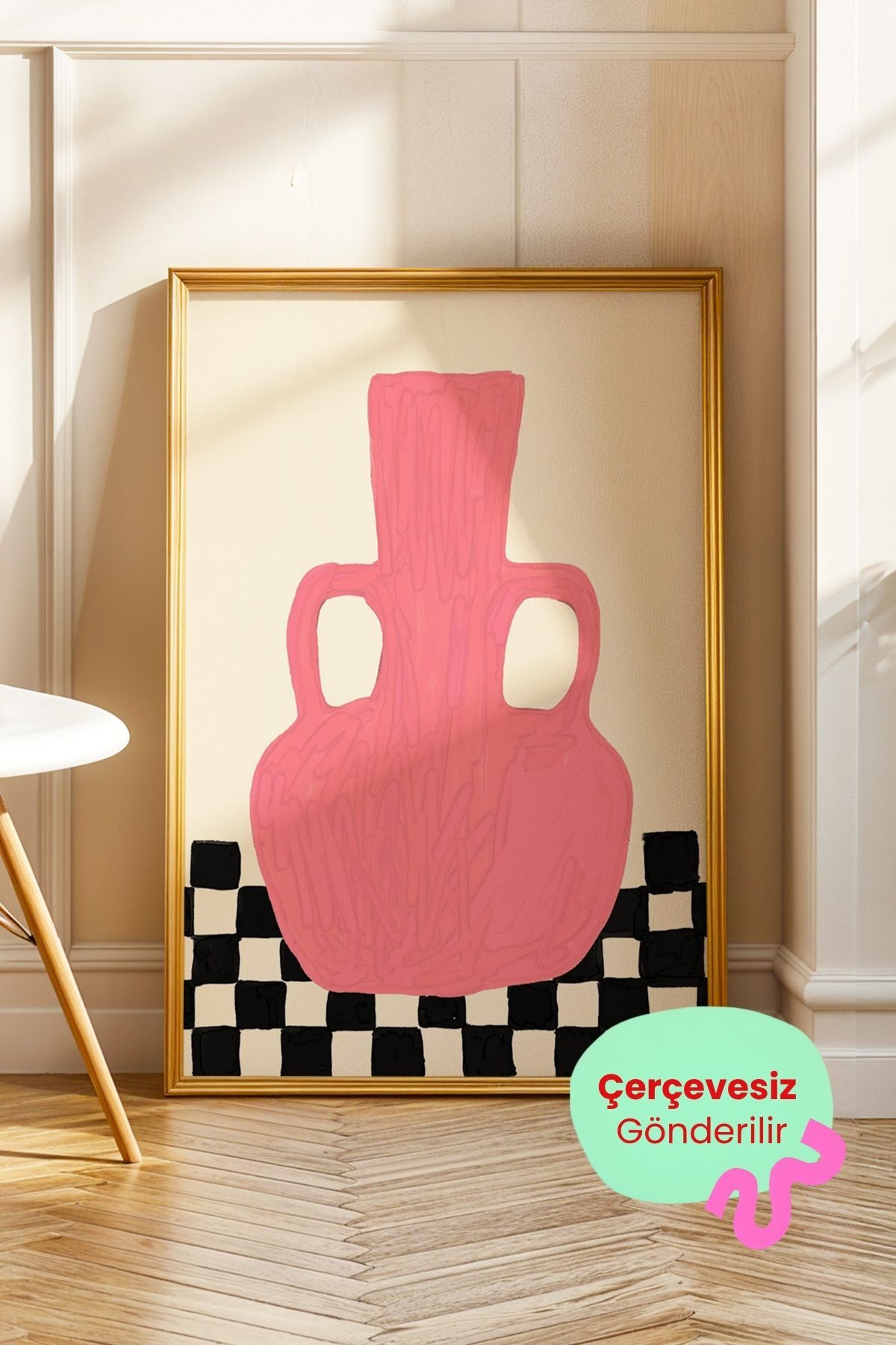 Pembe Vazo Tablo Modern Minimal İllüstrasyon Poster Ev Duvar Dekoru Çerçevesiz