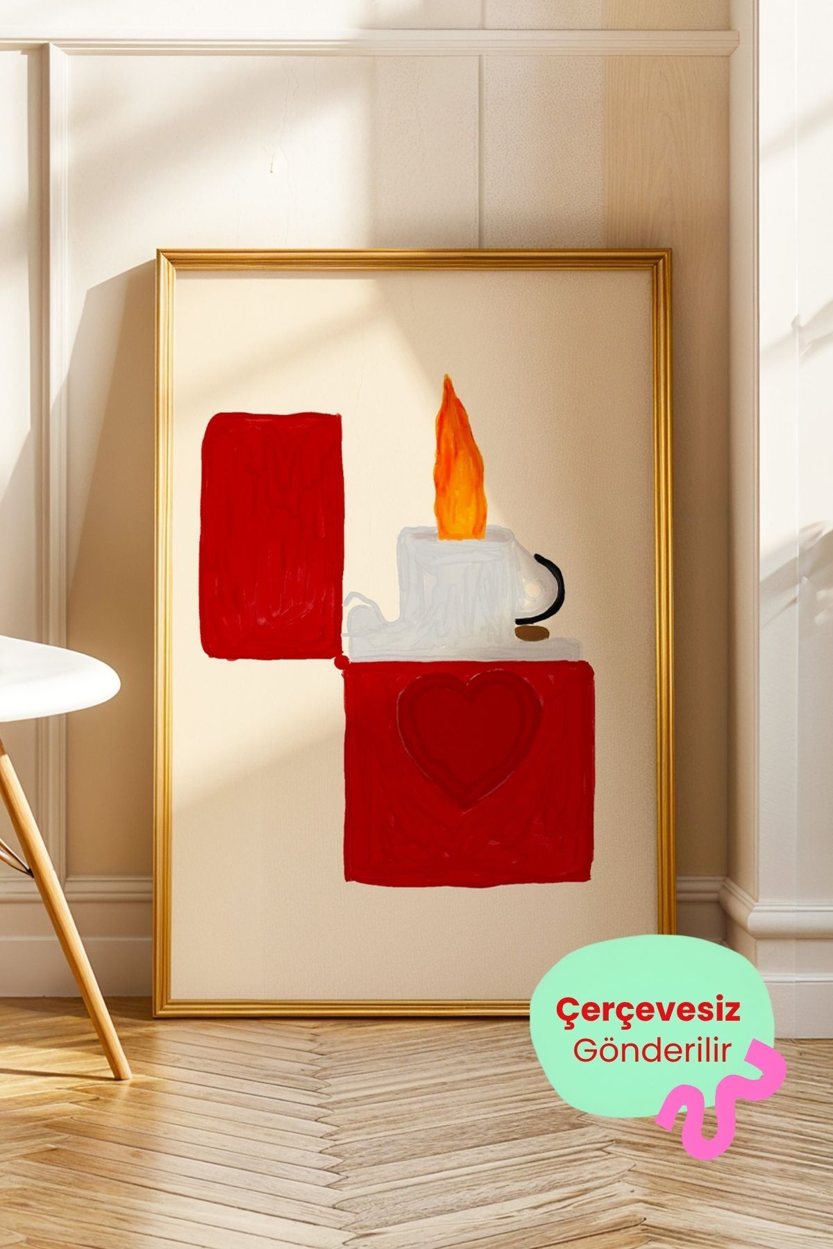 Kırmızı Çakmak ve Kalp Poster Minimal Modern Tablo Salon Duvar Dekoru Çerçevesiz
