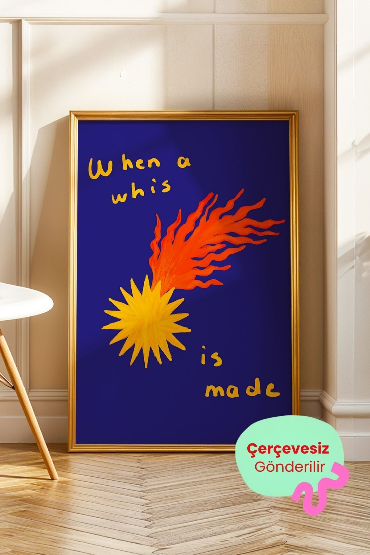 Modern Soyut Tablo Yazılı Poster Güneş ve Alev Duvar Dekoru Çerçevesiz