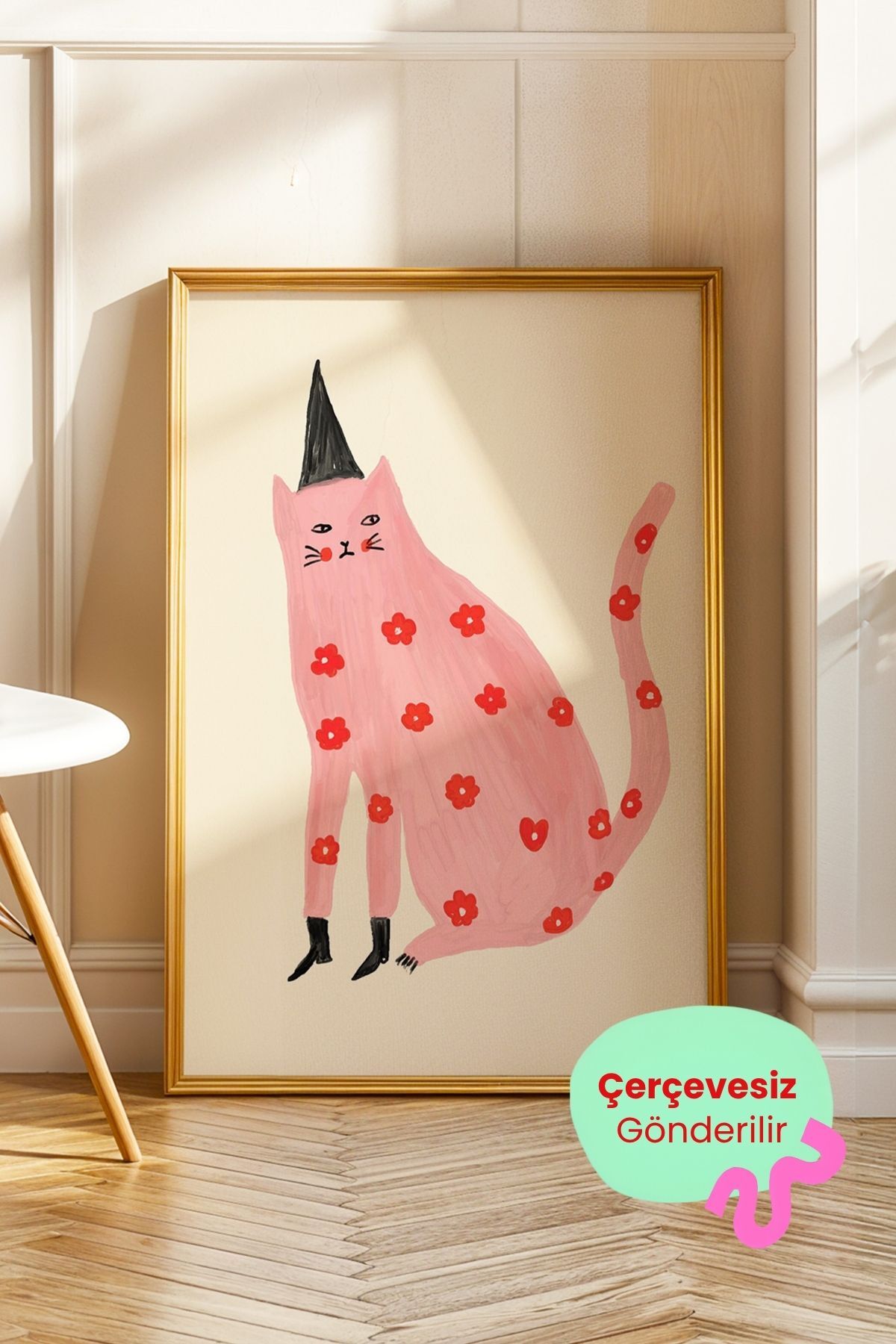 Pembe Kedi Tablo Minimal İllüstrasyon Poster Ev Duvar Dekoru Çerçevesiz