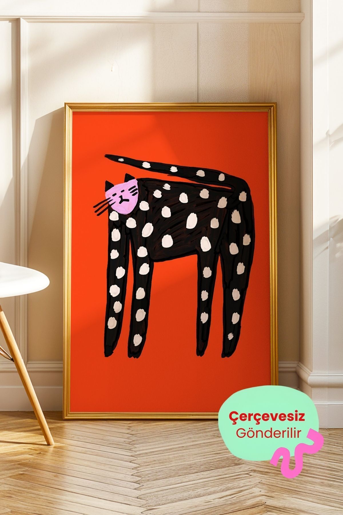 Kırmızı Kedi Tablosu Poster Modern Hayvan Figürlü Duvar Dekoru Çerçevesiz