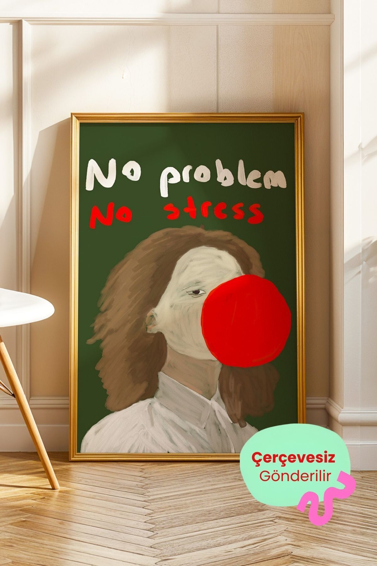 Kırmızı Balonlu Kadın Figürlü Tablo Modern Duvar Posteri Çerçevesiz