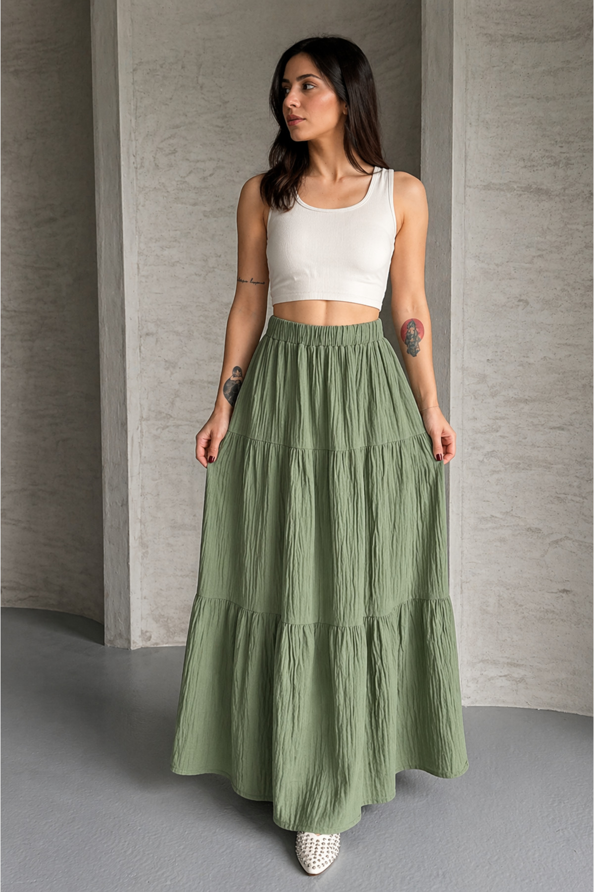 Shirred Layered Khaki Muslin Fabric Long Skirt