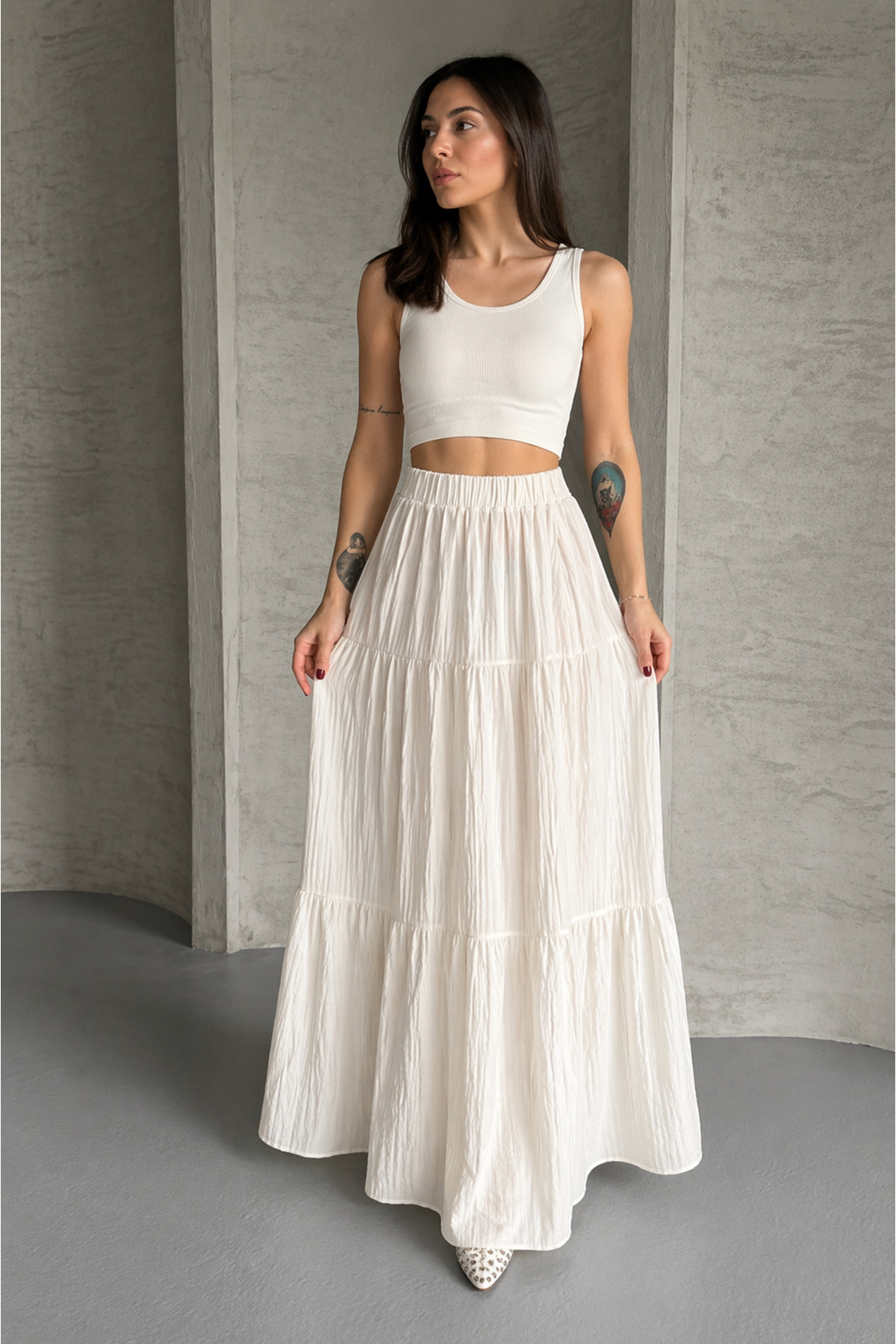 Shirred Layered White Muslin Fabric Long Skirt