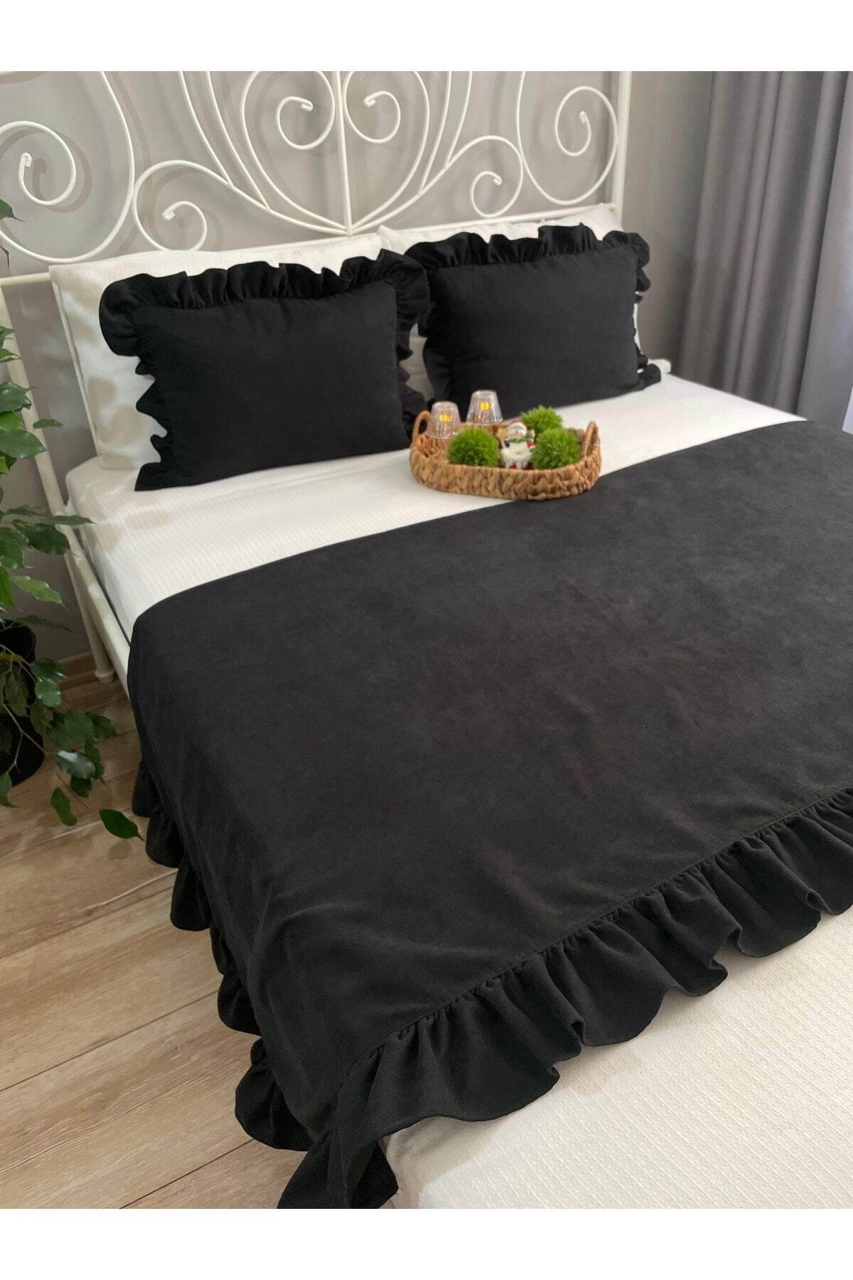 Black Ruffled Bed Runner Pillow Cover Set Bedspread Set Double 3 PIECE