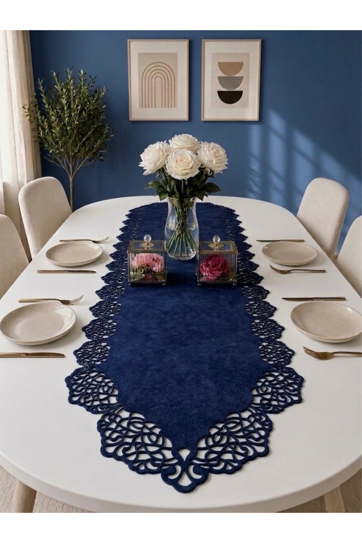 Lacıvert Suede Fabric Runner 40x140 Cm Table Length - Modern Design