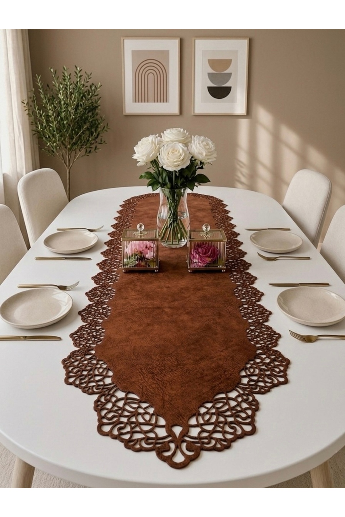 Red Brown Suede Fabric Runner 40x140 Cm Table Length - Modern Design