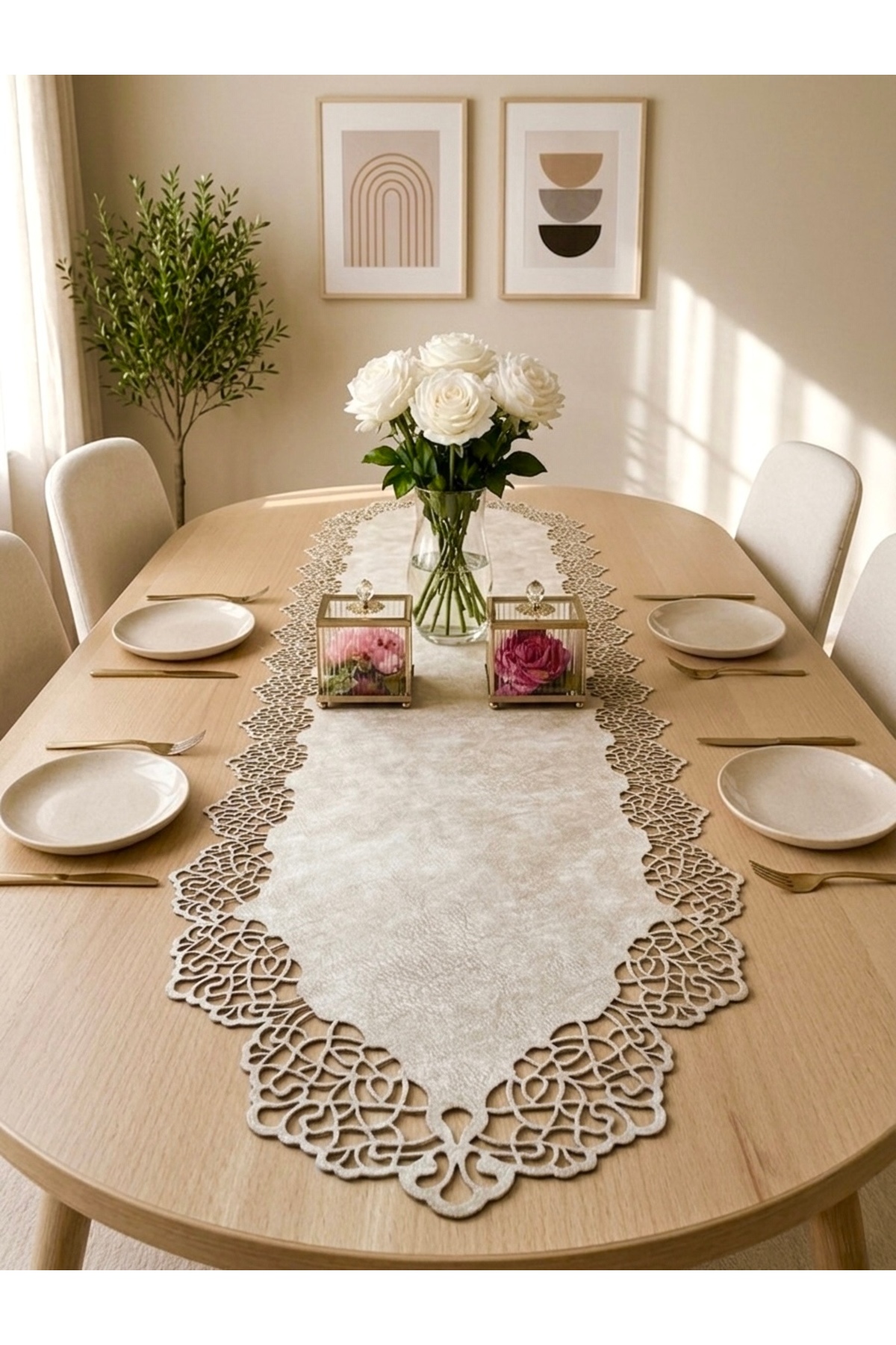 Beige (DARK CREAM) Suede Fabric Runner 40x140 Cm Table Length - Modern Design