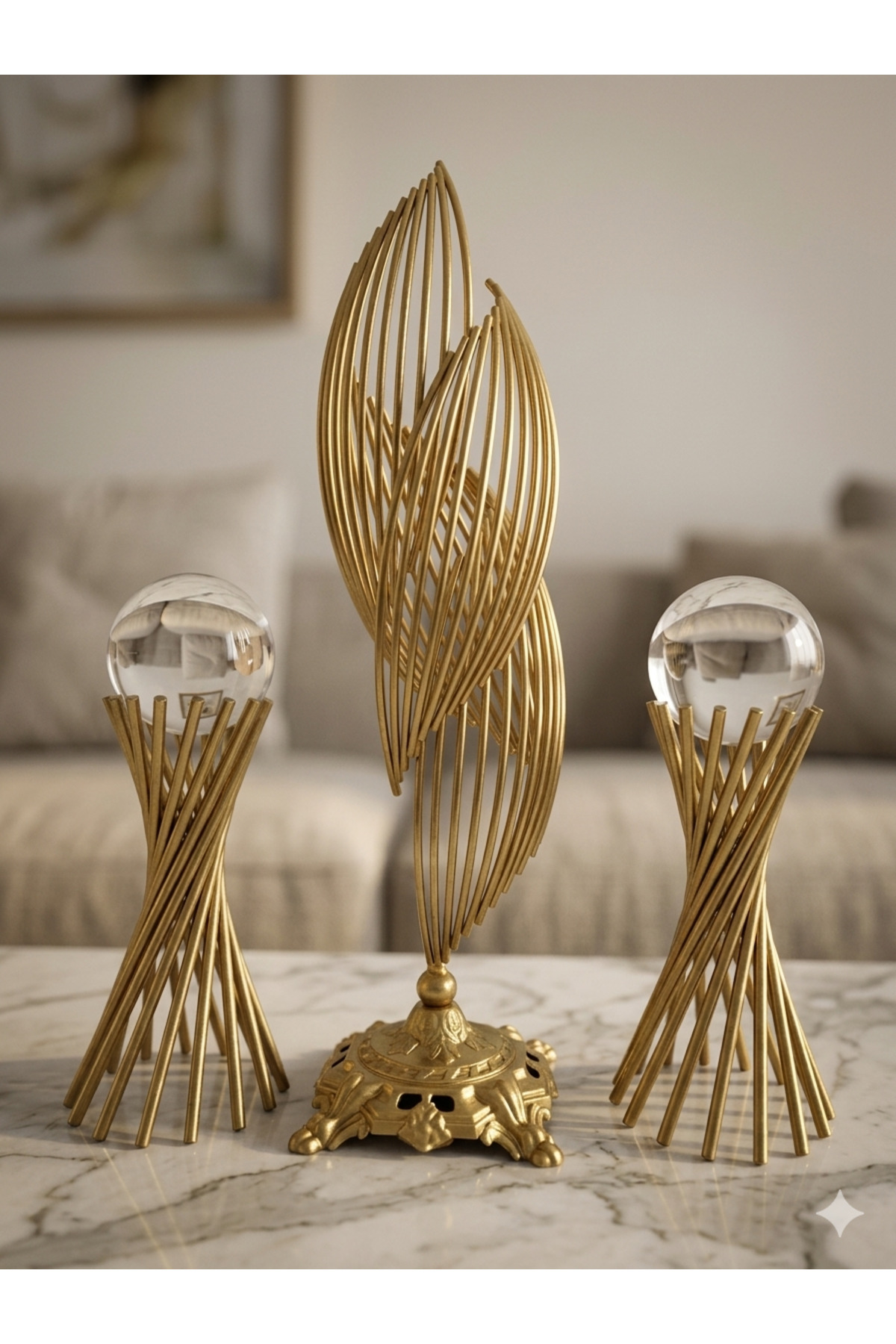3-Piece Luxury Decoration Set - Matte Aged Gold Textured Spiral and Flat Crystal Sphere Twisted