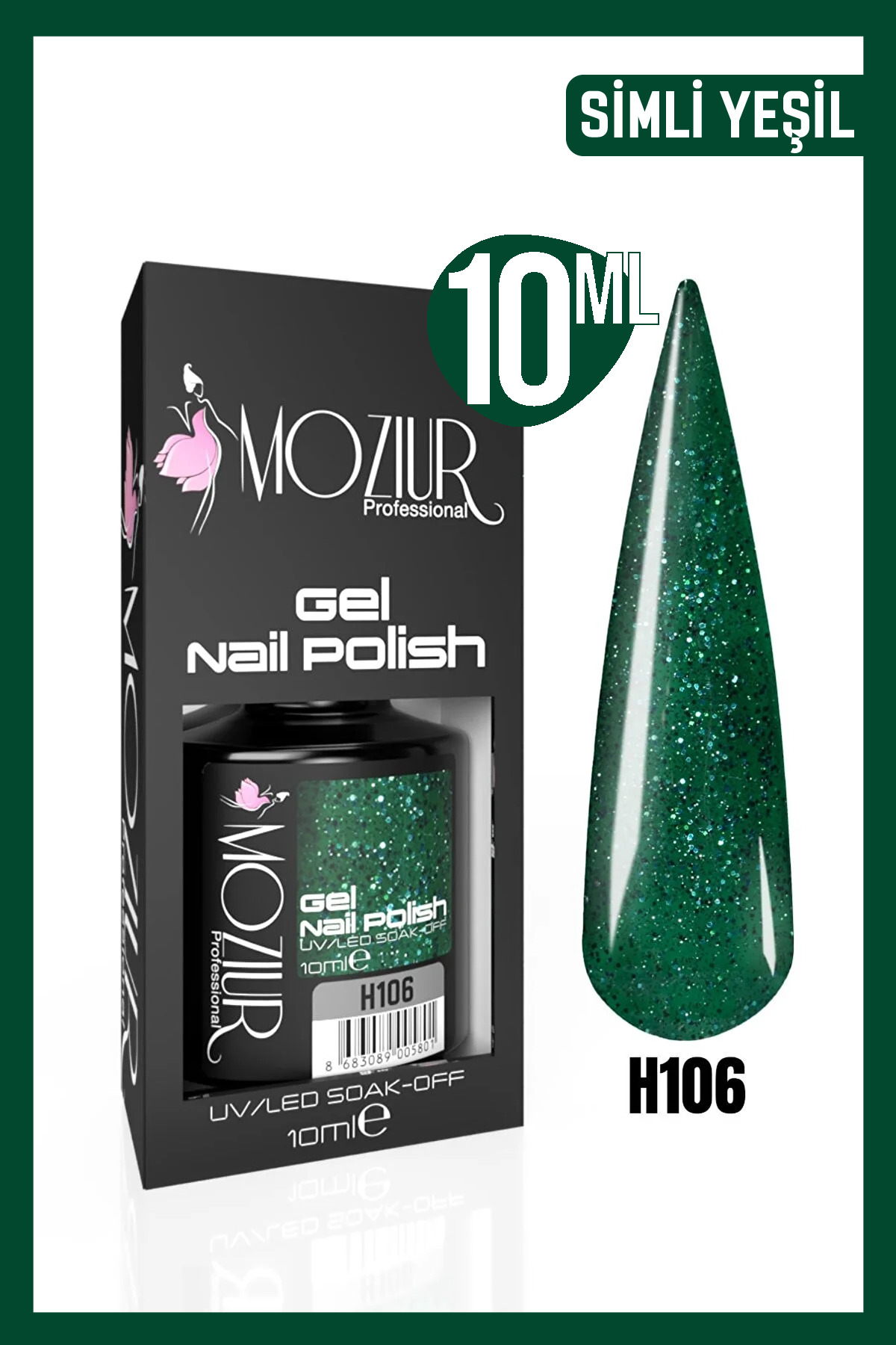 MOZIUR لاک ناخن دائمی UV LED H106 (سری اکلیلی) 10 میلی لیتر — سبز 8683089005542