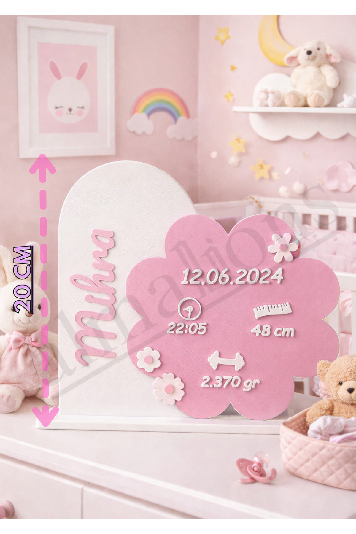 Personalized Plastic Named Decorative Baby Room Birth Information Ornament ( 20 CM height )