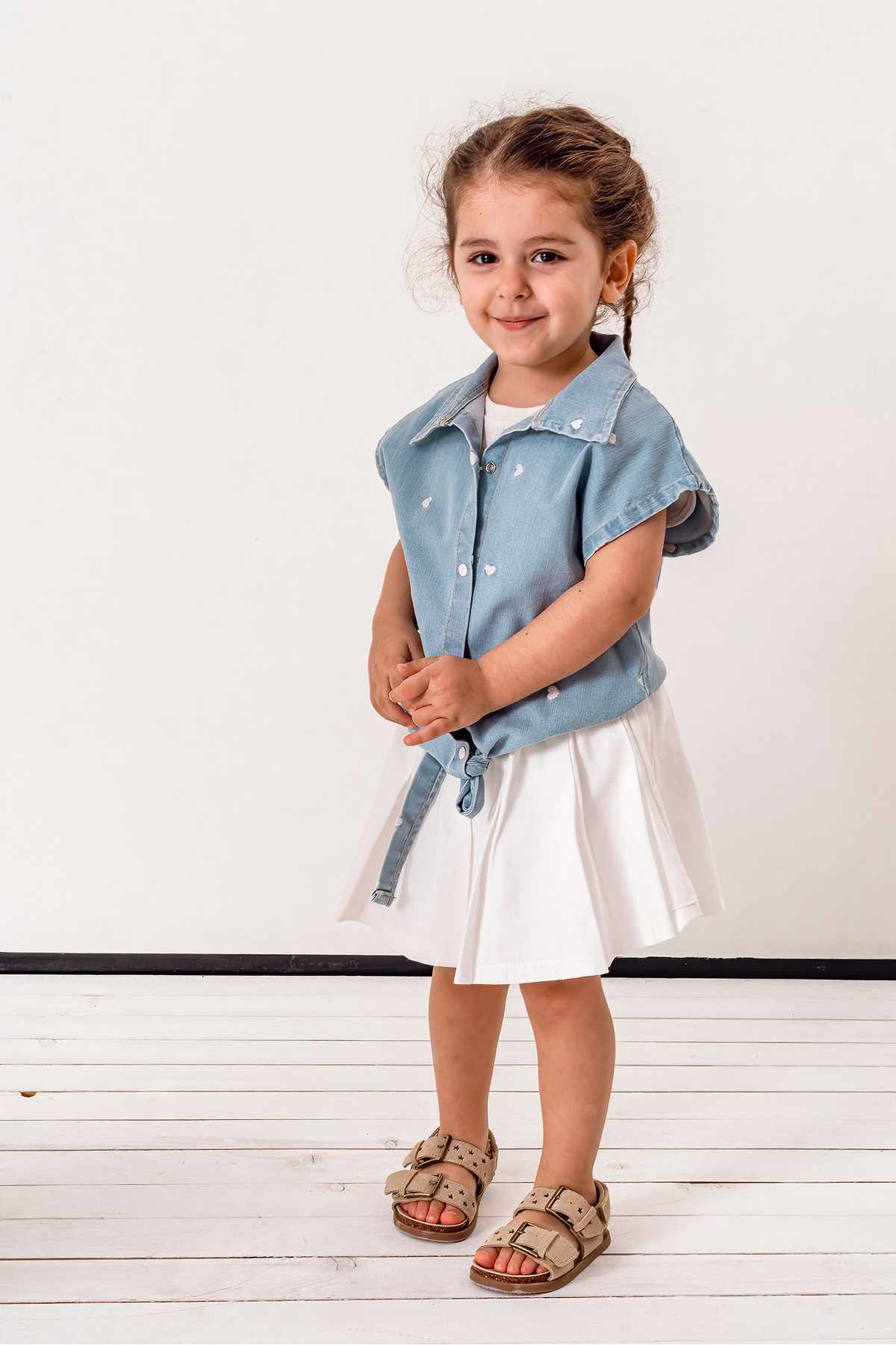 3pcs Girls Set with Heart Embroidery Detailed Denim Vest and Skirt 3705
