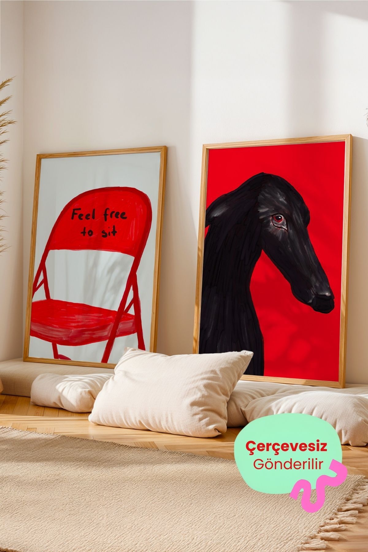 2’li Kırmızı Tablo Poster Seti Yazılı Sandalye ve Siyah Köpek Figürlü Çerçevesiz