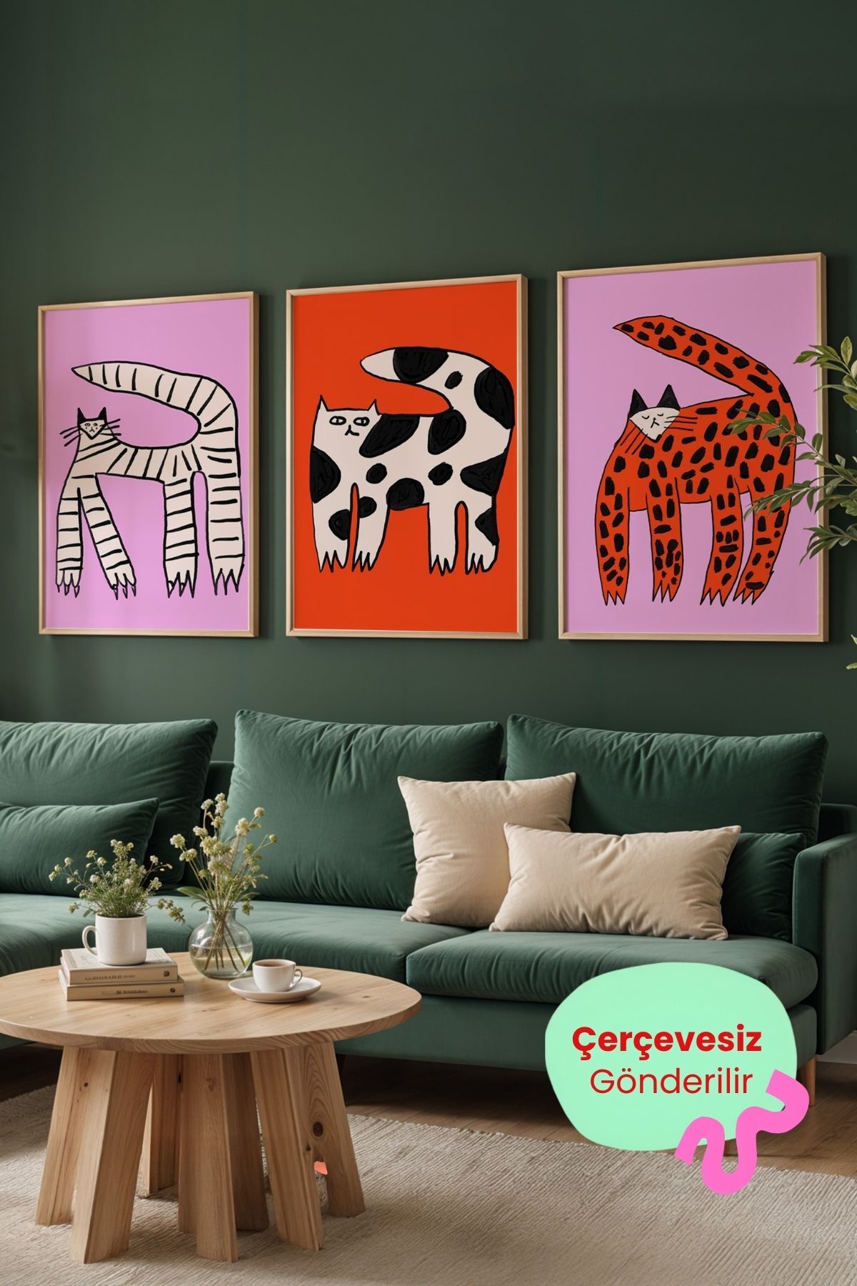 3’lü Kedi İllüstrasyon Tablo Poster Seti Çocuk Odası Dekoru Çerçevesiz
