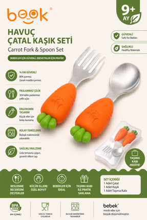 jojobebek Çocuk Silikon Saplı Paslanmaz Çelik Uçlu Çatal Ve Kaşığı (HAVUÇ FİG...