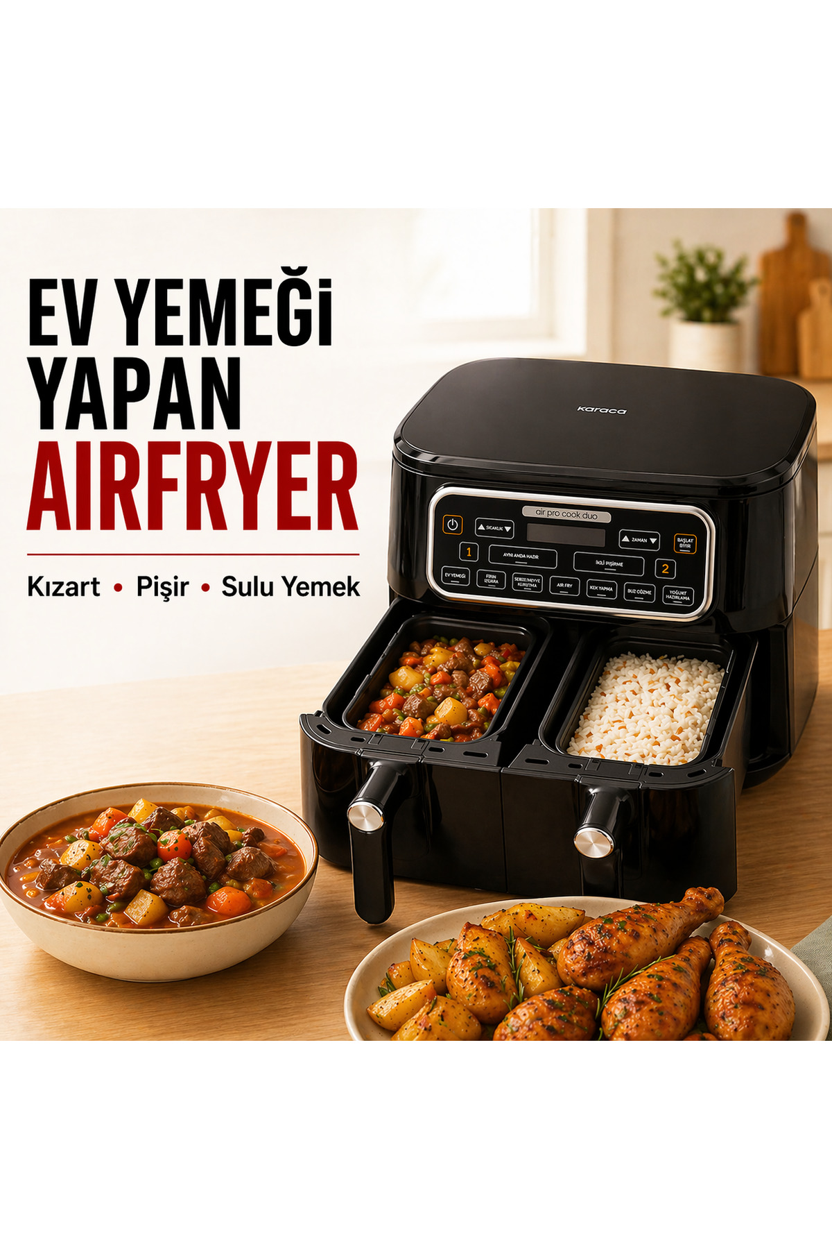 Karaca 8 Litre Xxxl Geniş Kapasiteli Çift Hazneli Akıllı Airfryer Fritöz Ev Yemeği Pişirme Fonsiyonlu