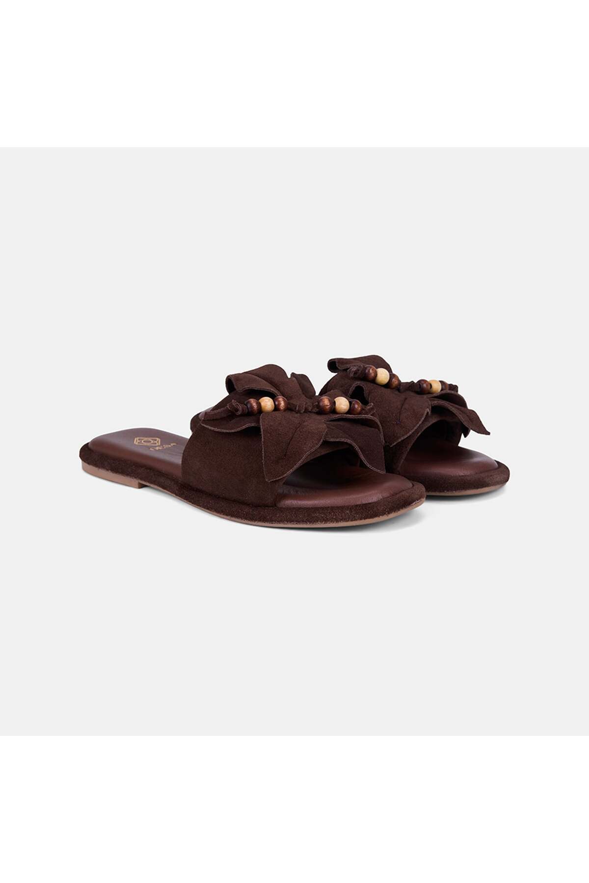 Women's Bitter Brown Flower Detailed Suede Leather Slippers