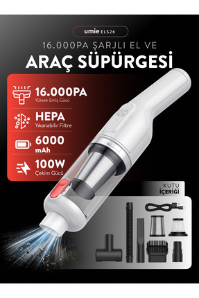 Umie ELS26 6000mAh 16000PA Güçlü Kablosuz Araç İçi Süpürge