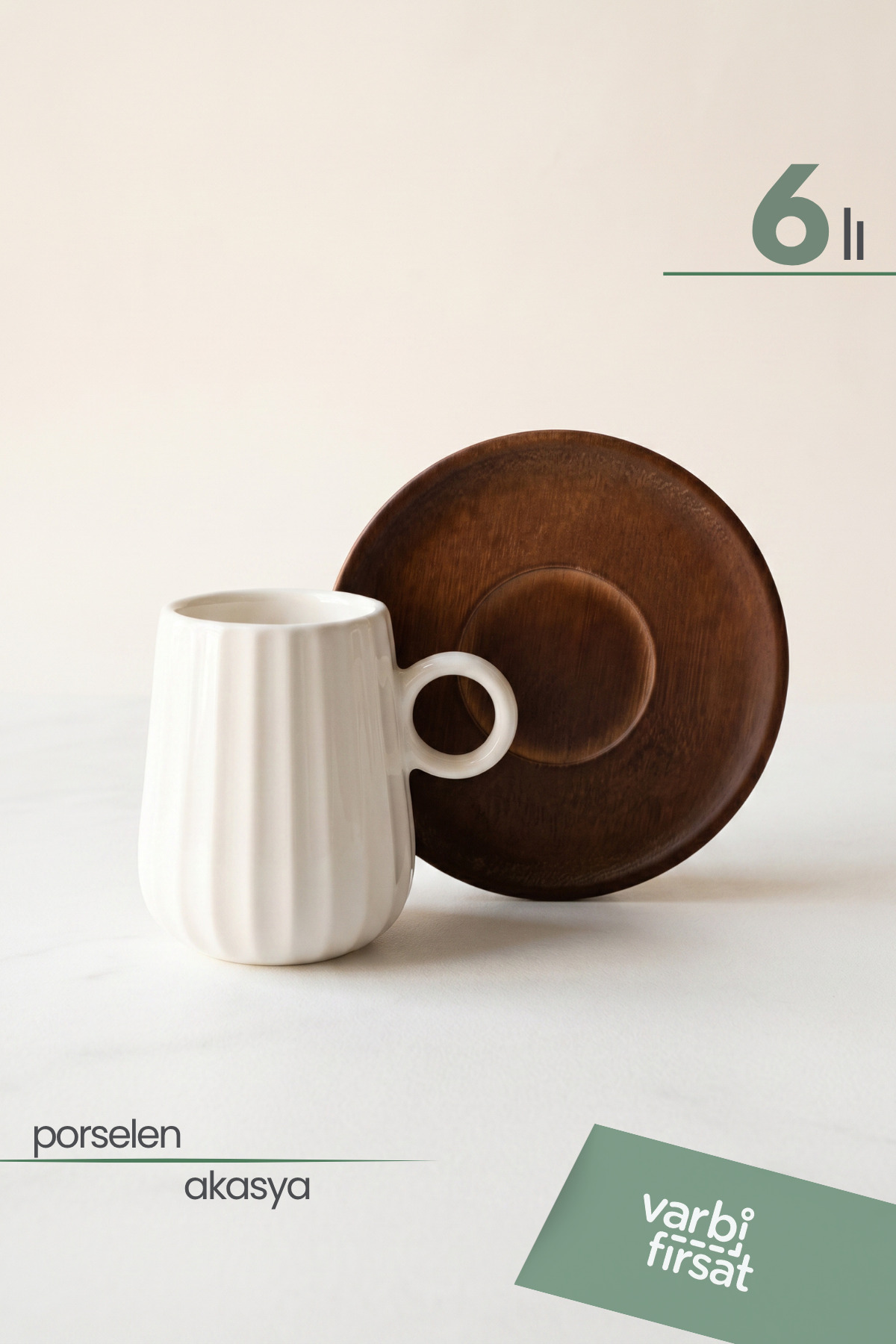 6-Piece Porcelain Cup Set with Natural Acacia Tone Plate | Premium Coffee Serving Set