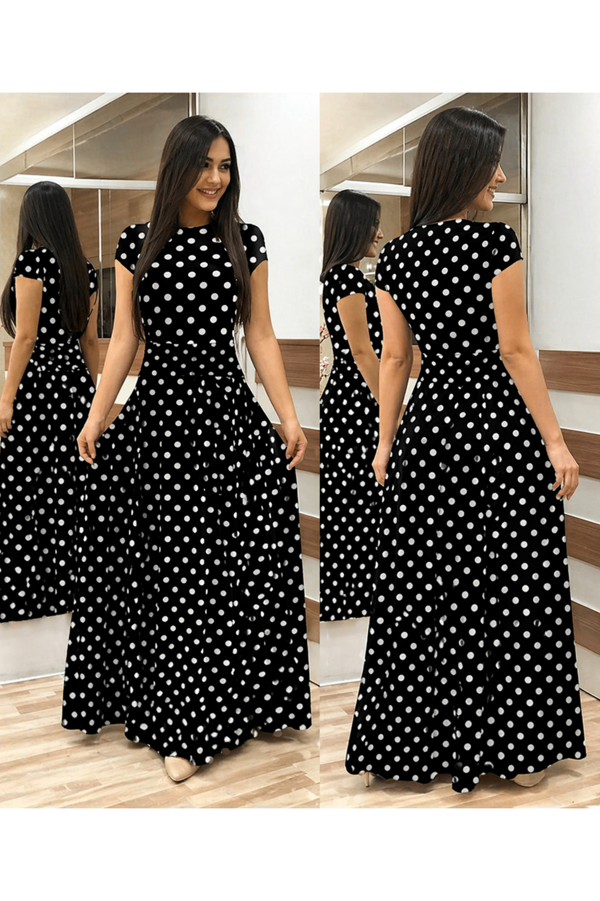 merysare Kadın Kısa Kollu Tam boy puantiyeli krep kumaş elbise abiye görsel 5