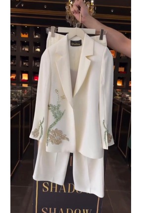 MODA Özel tasarım dabıl kumaş taş işlemli ceket ve pantolon takım çok zarif v...
